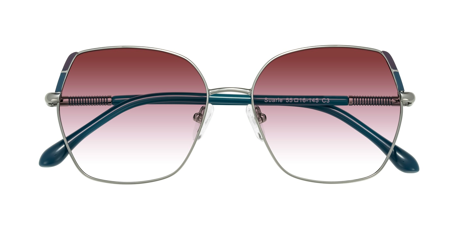 Folded Front of Suarie in Gunmetal/Teal with Garnet Gradient Lenses