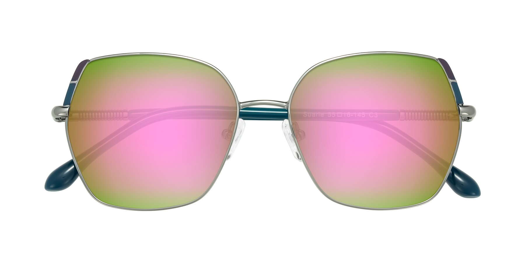 Folded Front of Suarie in Gunmetal/Teal with Pink Mirrored Lenses