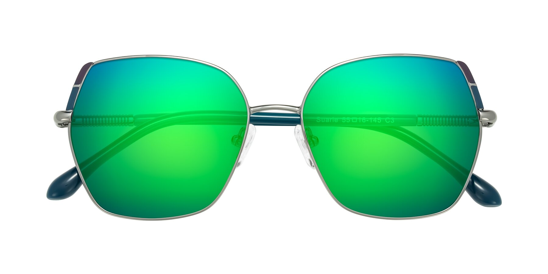 Folded Front of Suarie in Gunmetal/Teal with Green Mirrored Lenses