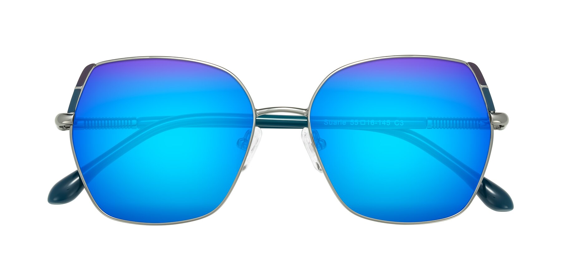 Folded Front of Suarie in Gunmetal/Teal with Blue Mirrored Lenses