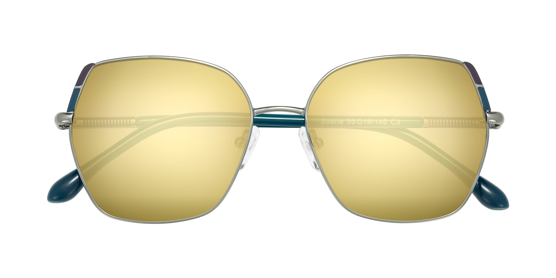 Folded Front of Suarie in Gunmetal/Teal with Gold Mirrored Lenses