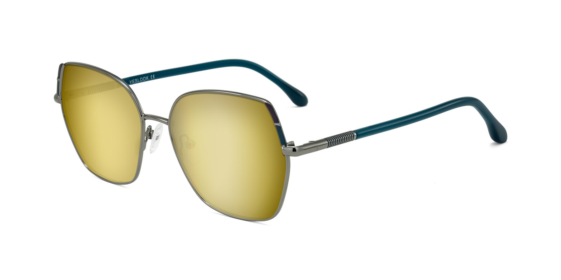 Angle of Suarie in Gunmetal/Teal with Gold Mirrored Lenses