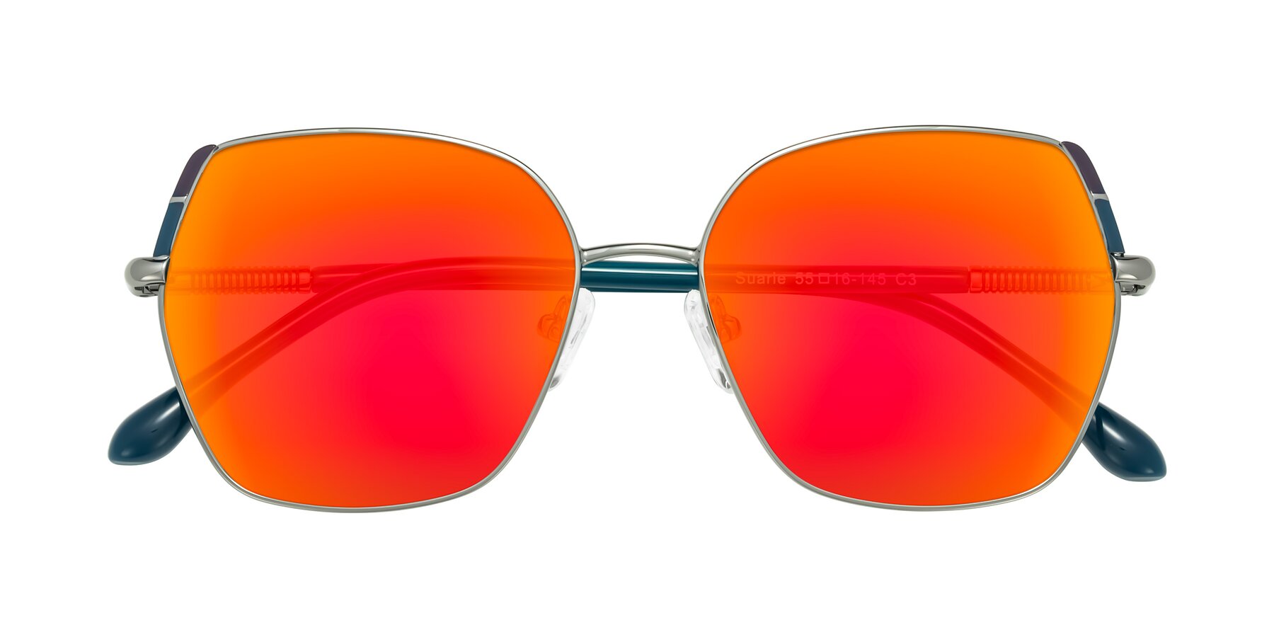 Folded Front of Suarie in Gunmetal/Teal with Red Gold Mirrored Lenses