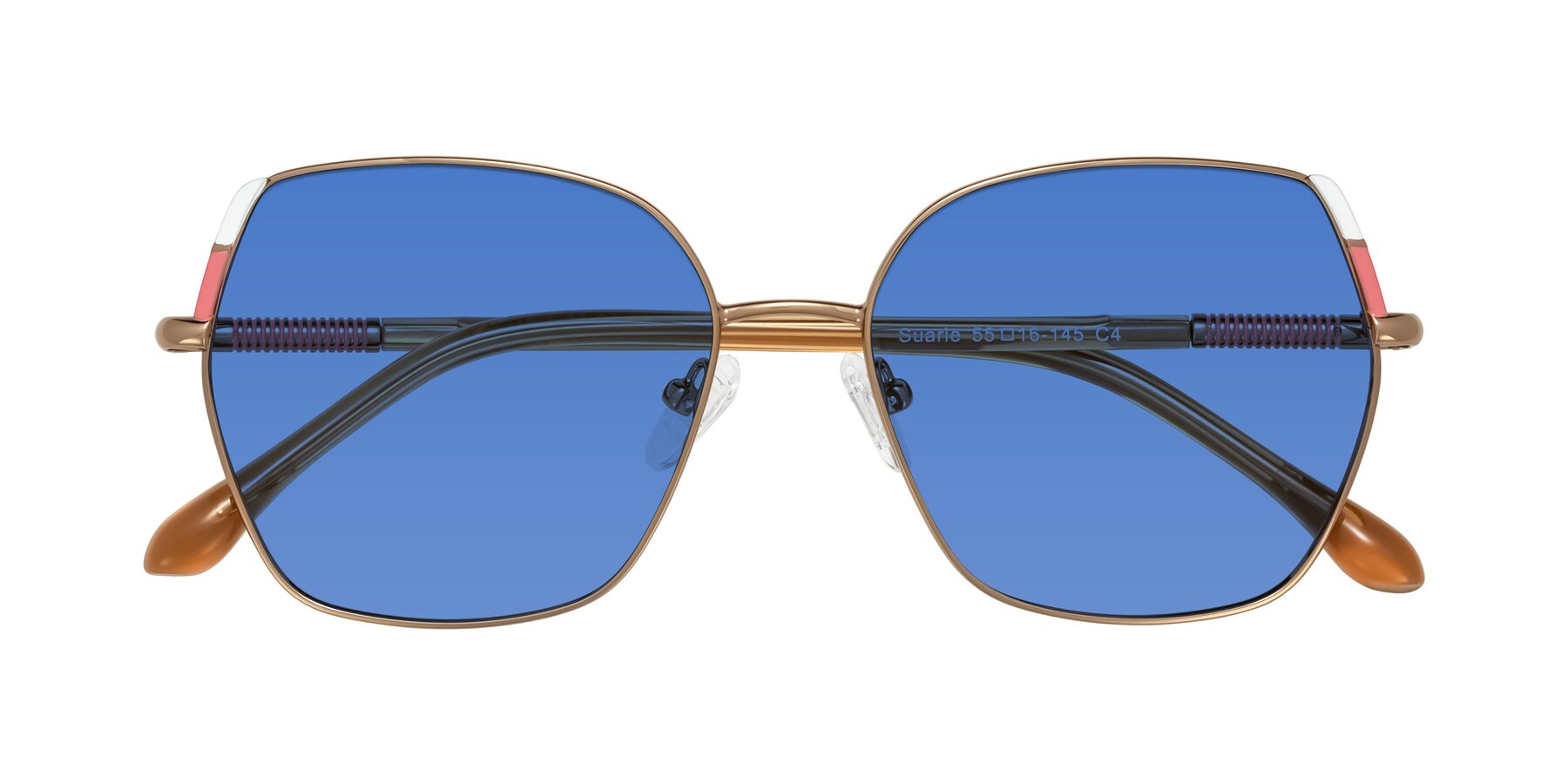 Folded Front of Suarie in Bronze/Brown with Blue Tinted Lenses