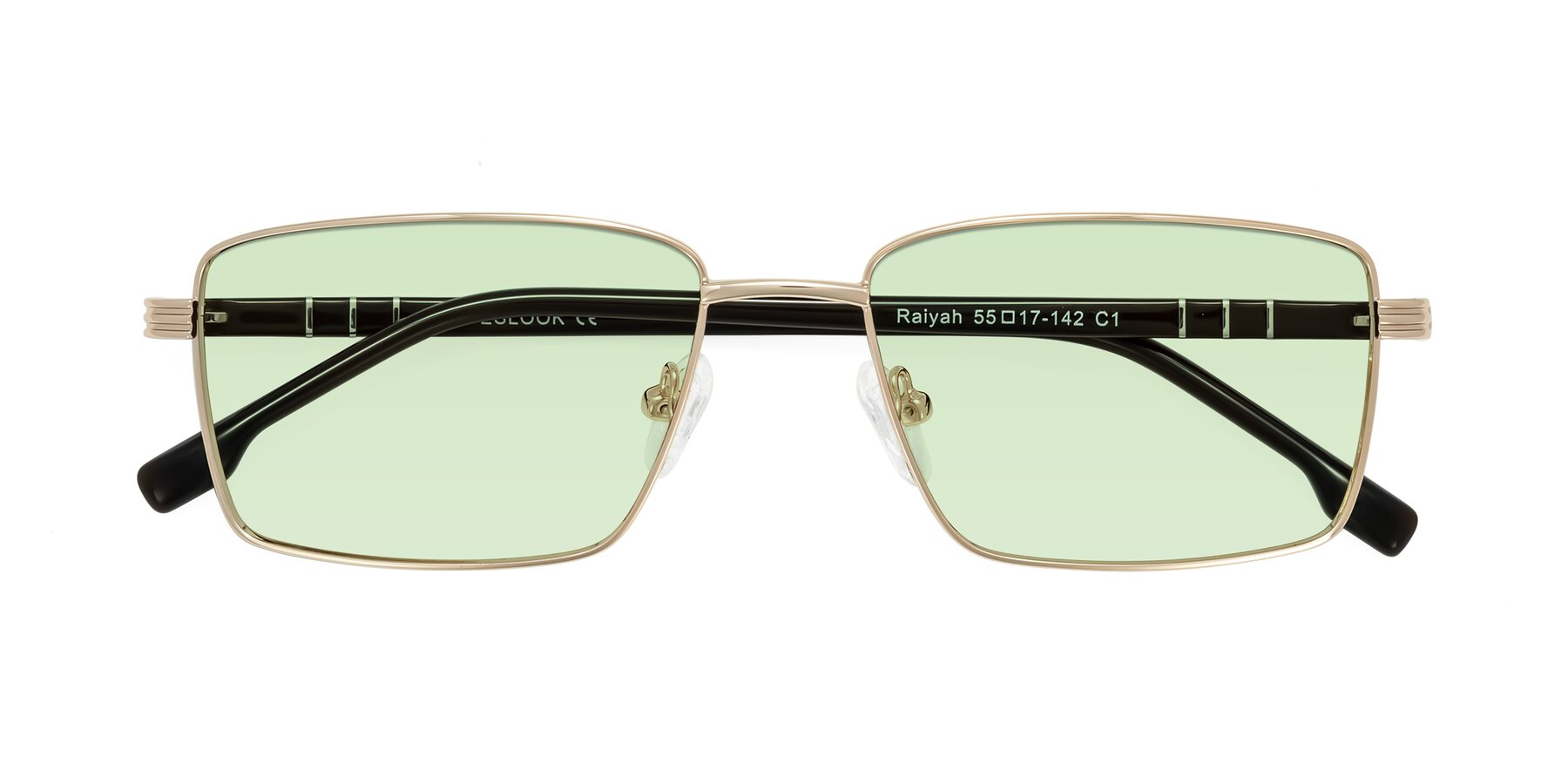 Folded Front of Raiyah in Gold/Dark Brown with Light Green Tinted Lenses
