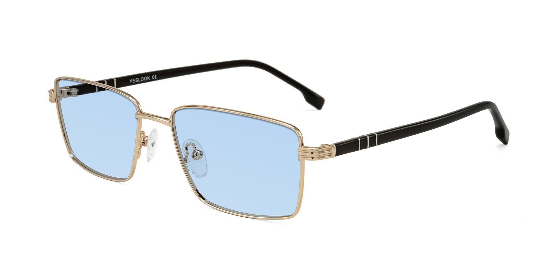 Angle of Raiyah in Gold/Dark Brown with Light Blue Tinted Lenses