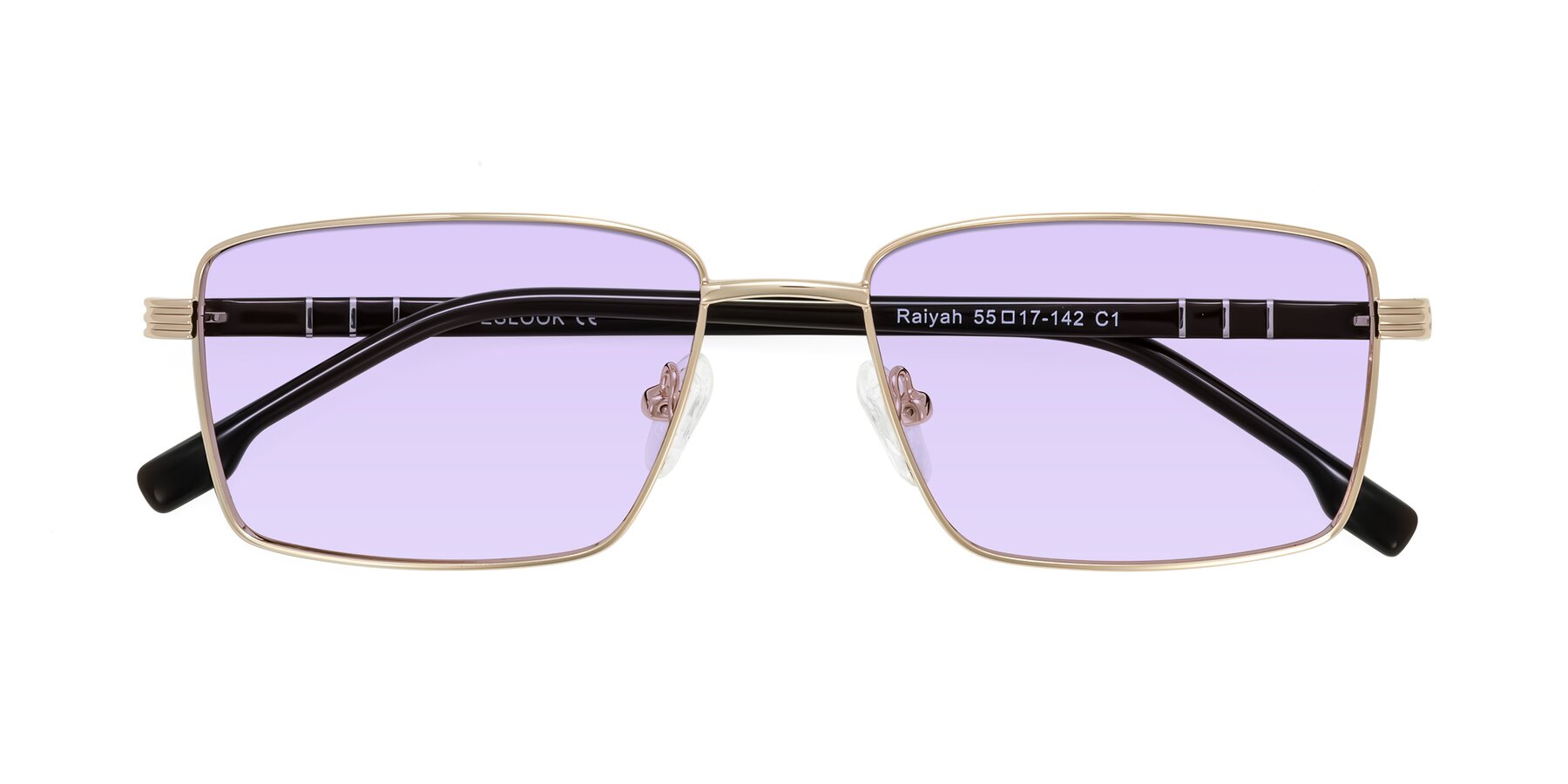 Folded Front of Raiyah in Gold/Dark Brown with Light Purple Tinted Lenses