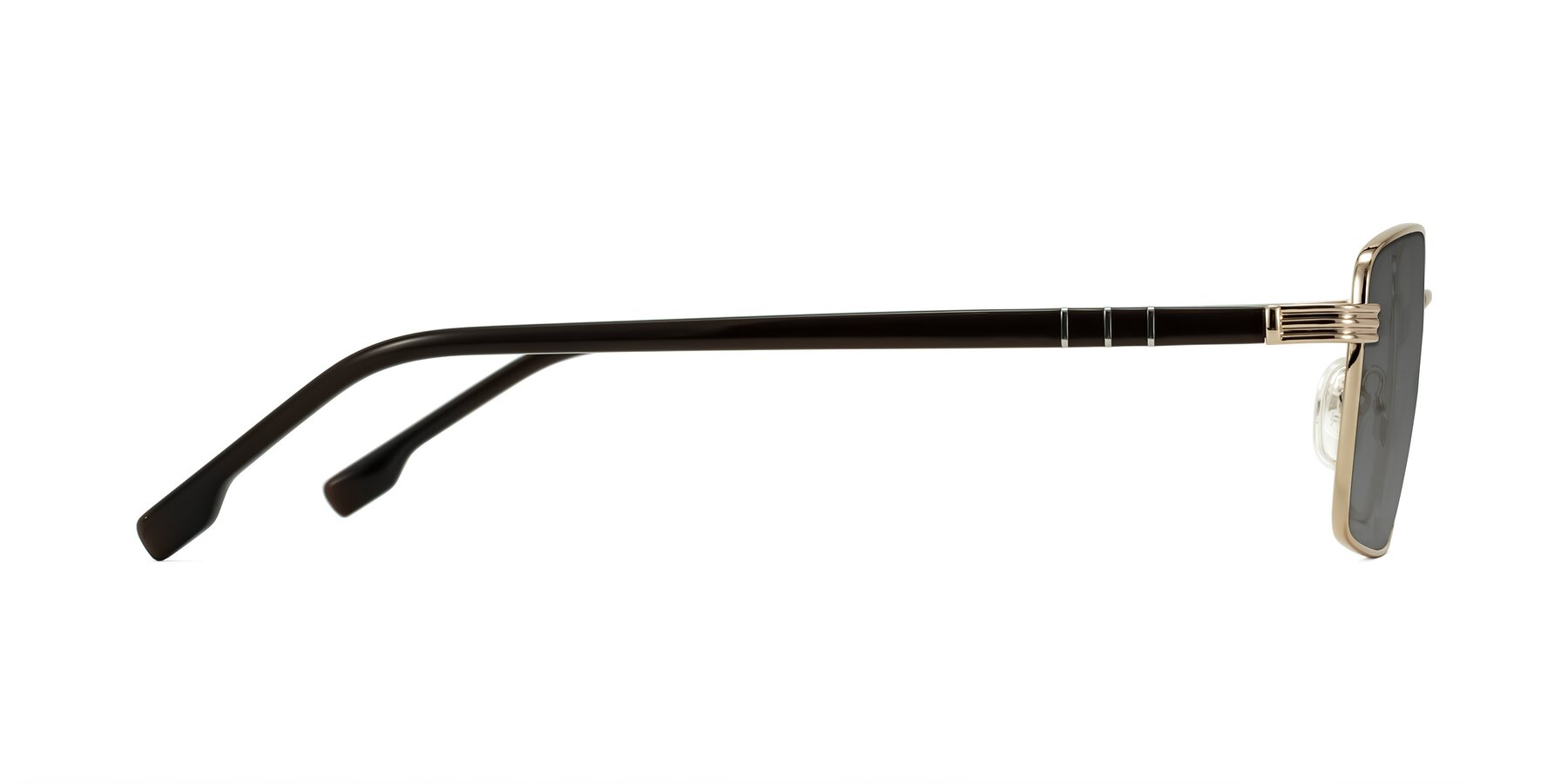 Side of Raiyah in Gold/Dark Brown with Medium Gray Tinted Lenses