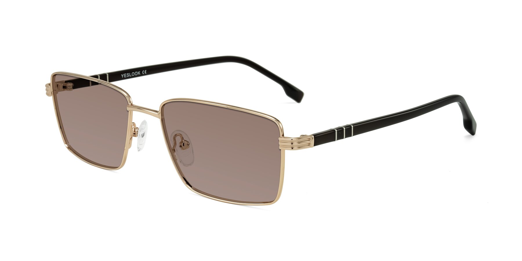 Angle of Raiyah in Gold/Dark Brown with Medium Brown Tinted Lenses