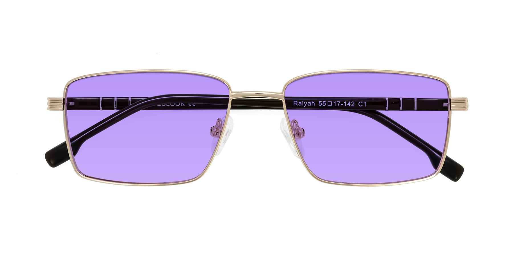 Folded Front of Raiyah in Gold/Dark Brown with Medium Purple Tinted Lenses
