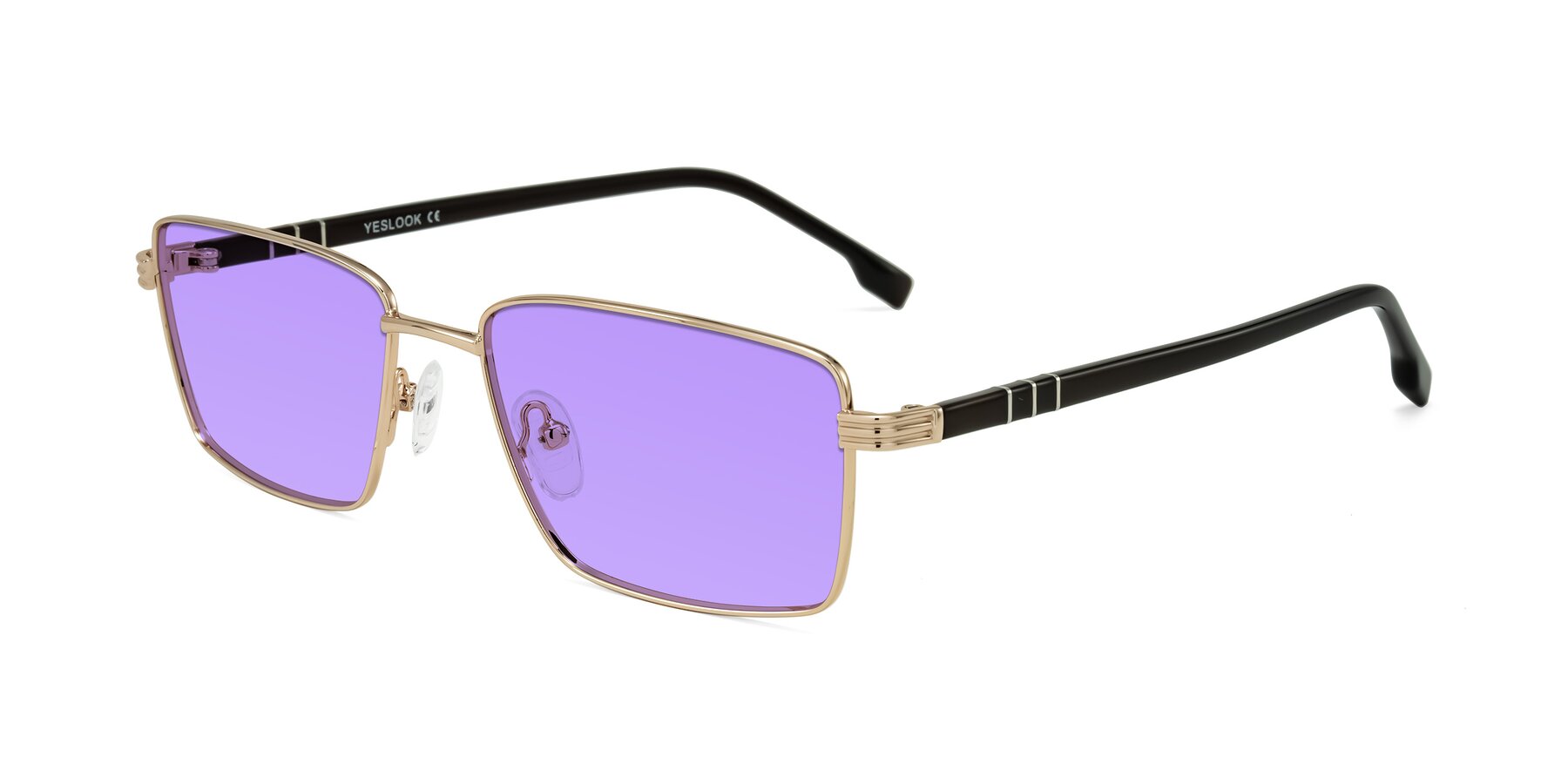 Angle of Raiyah in Gold/Dark Brown with Medium Purple Tinted Lenses