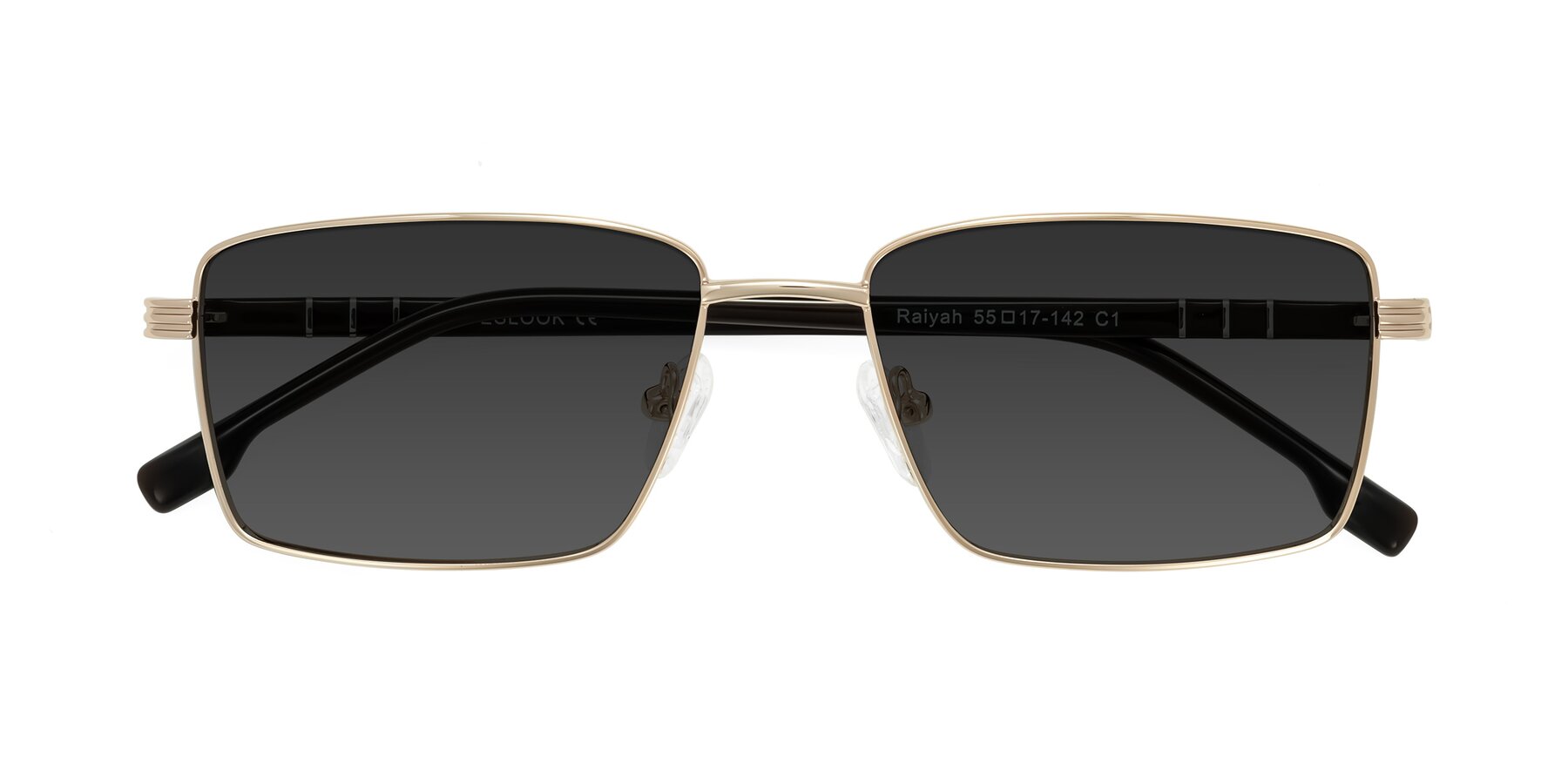 Folded Front of Raiyah in Gold/Dark Brown with Gray Tinted Lenses