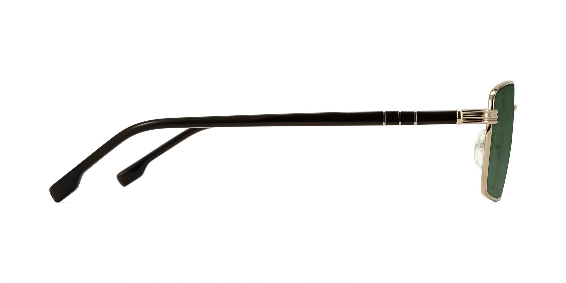 Side of Raiyah in Gold/Dark Brown with Green Tinted Lenses