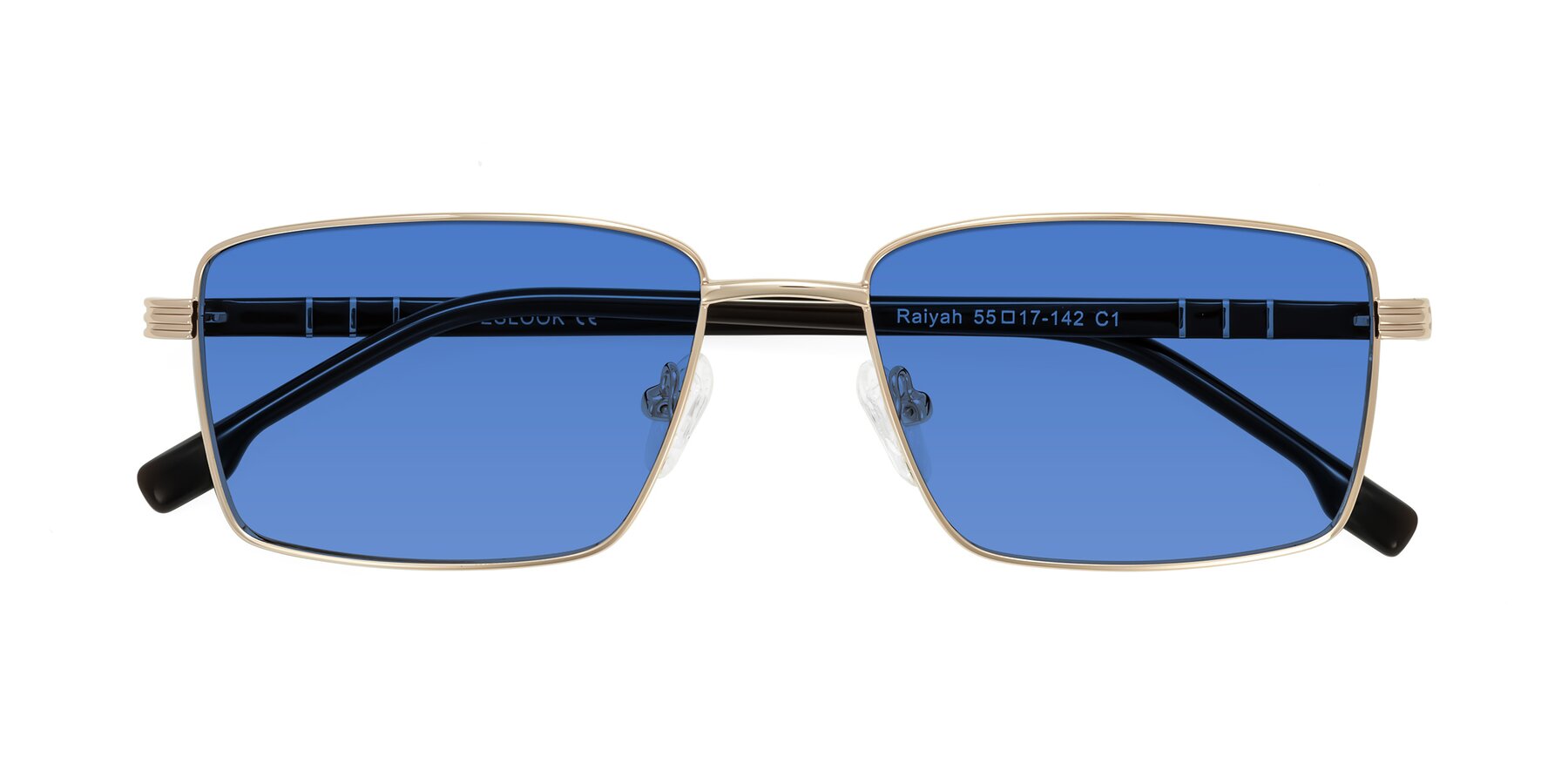 Folded Front of Raiyah in Gold/Dark Brown with Blue Tinted Lenses