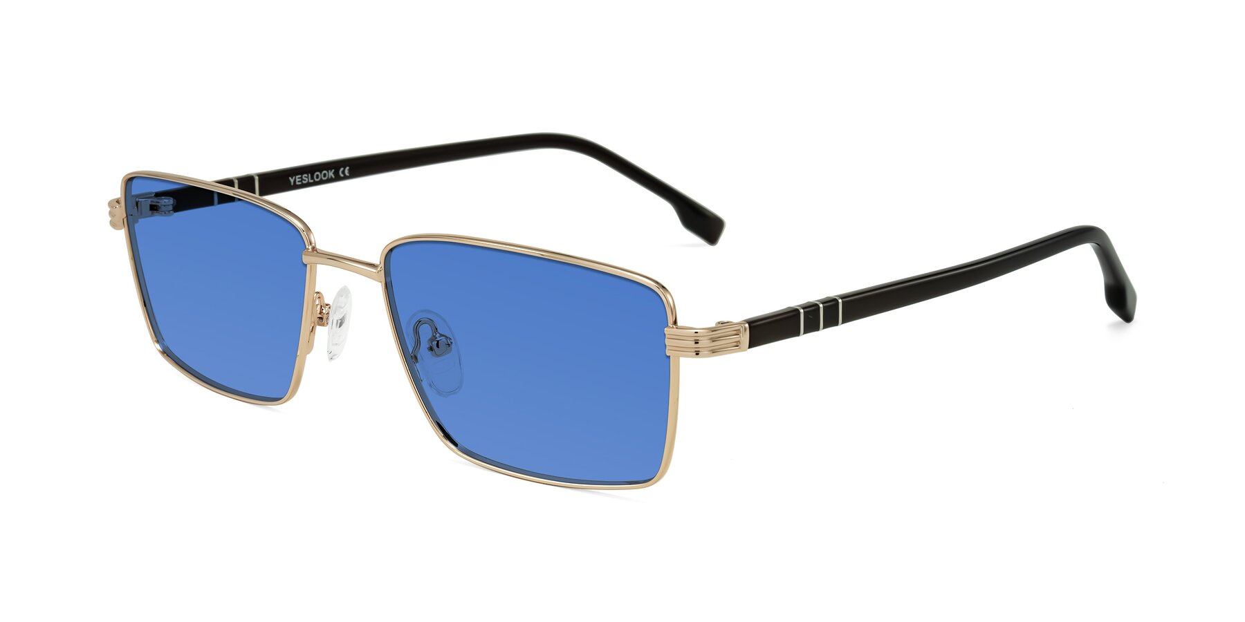 Angle of Raiyah in Gold/Dark Brown with Blue Tinted Lenses