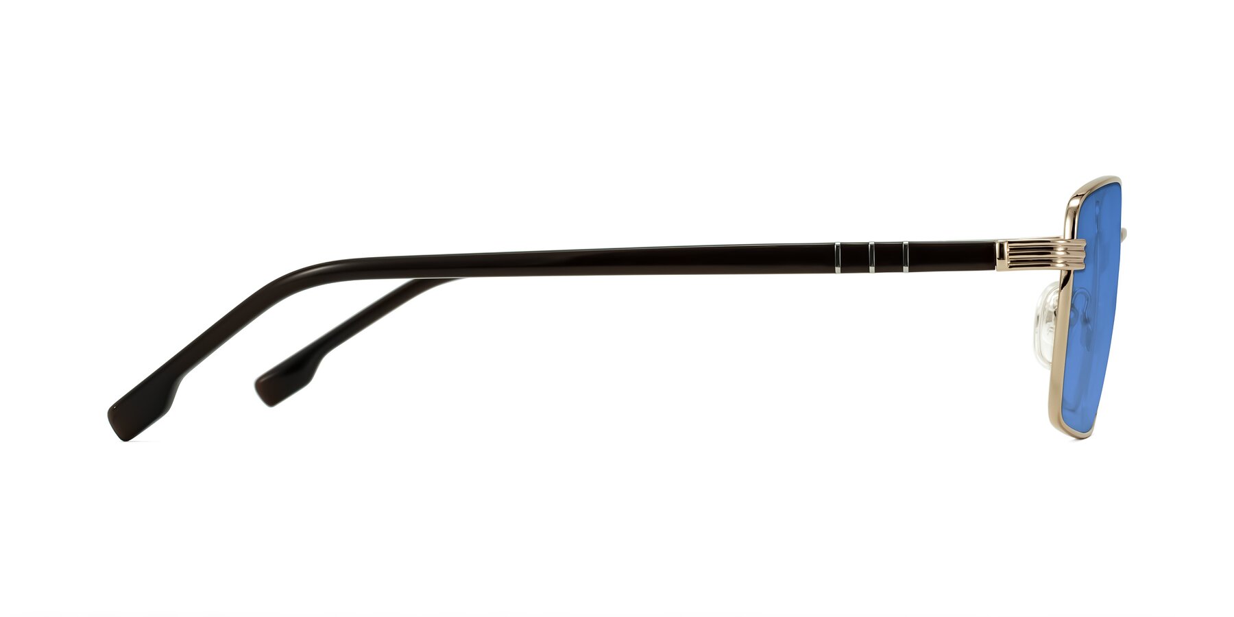 Side of Raiyah in Gold/Dark Brown with Blue Tinted Lenses