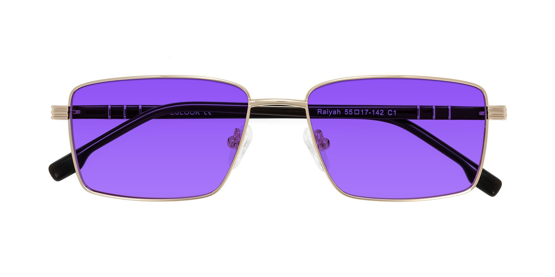 Folded Front of Raiyah in Gold/Dark Brown with Purple Tinted Lenses