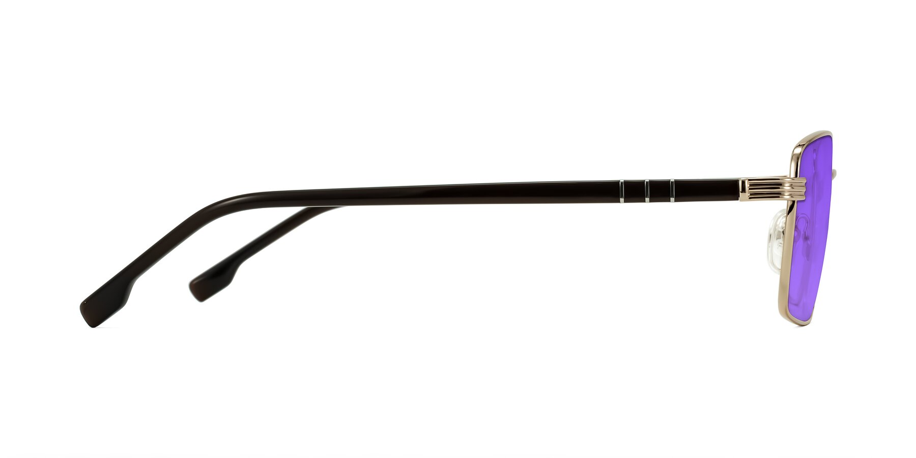Side of Raiyah in Gold/Dark Brown with Purple Tinted Lenses