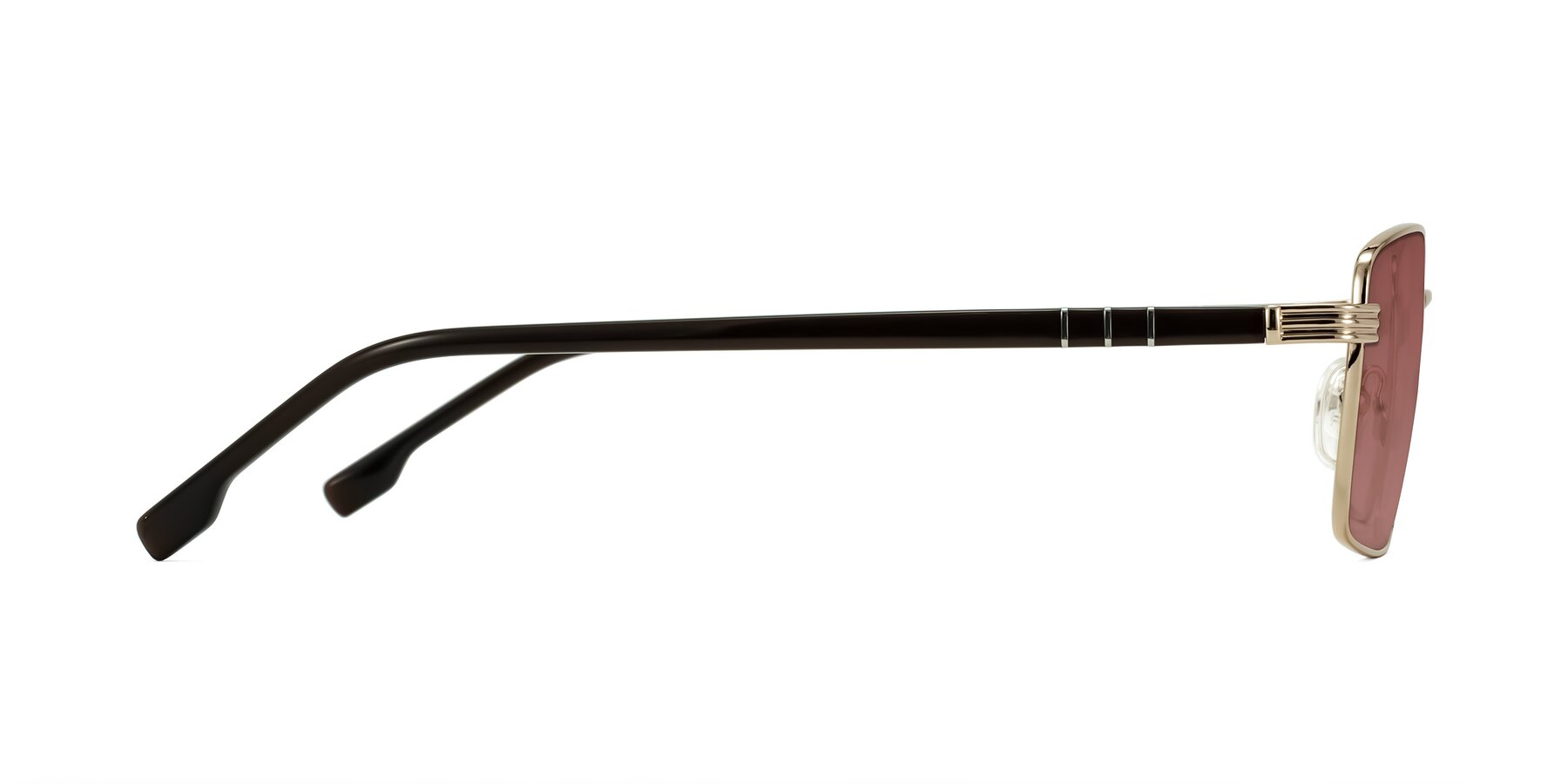 Side of Raiyah in Gold/Dark Brown with Garnet Tinted Lenses