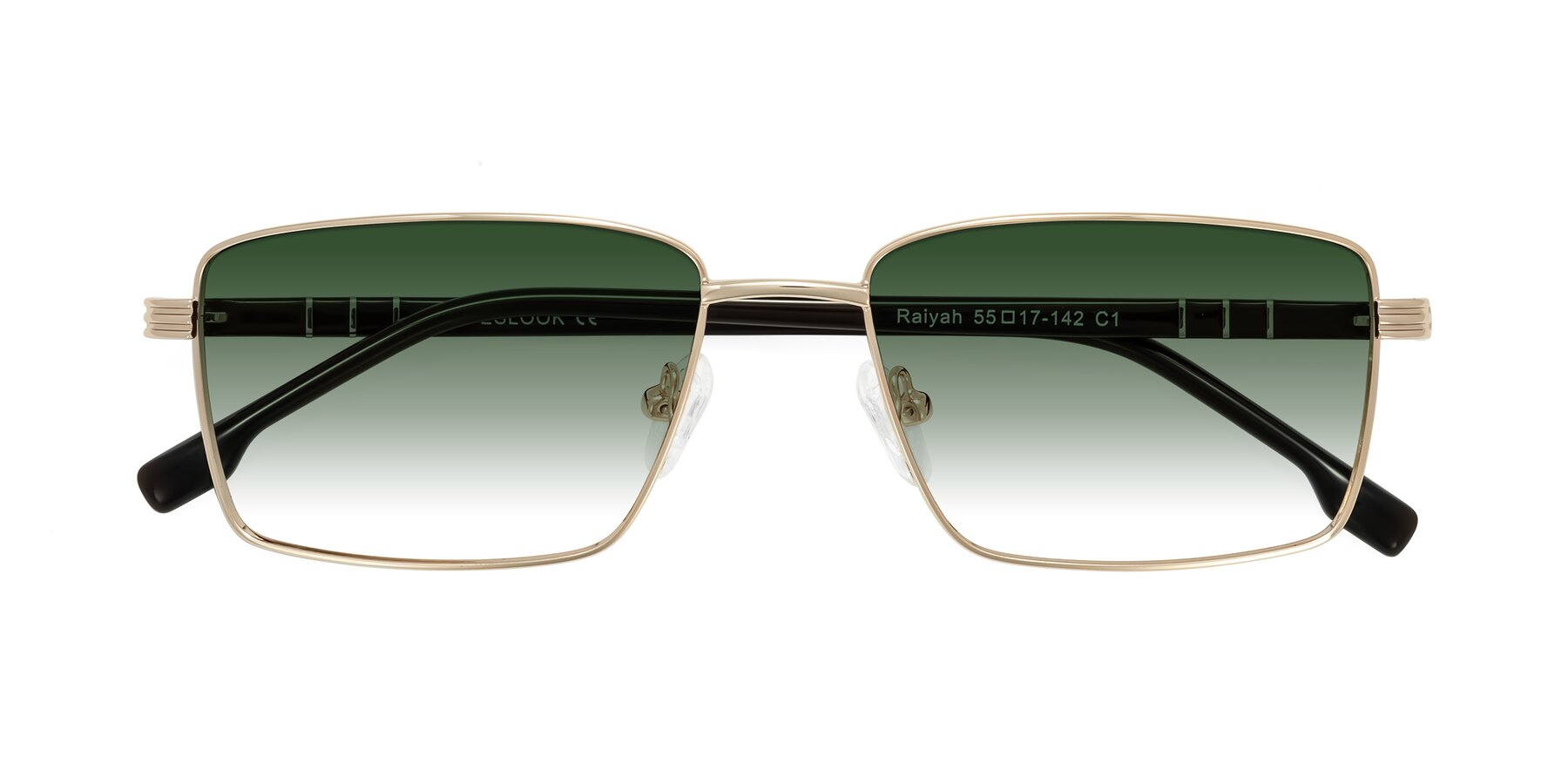 Folded Front of Raiyah in Gold/Dark Brown with Green Gradient Lenses