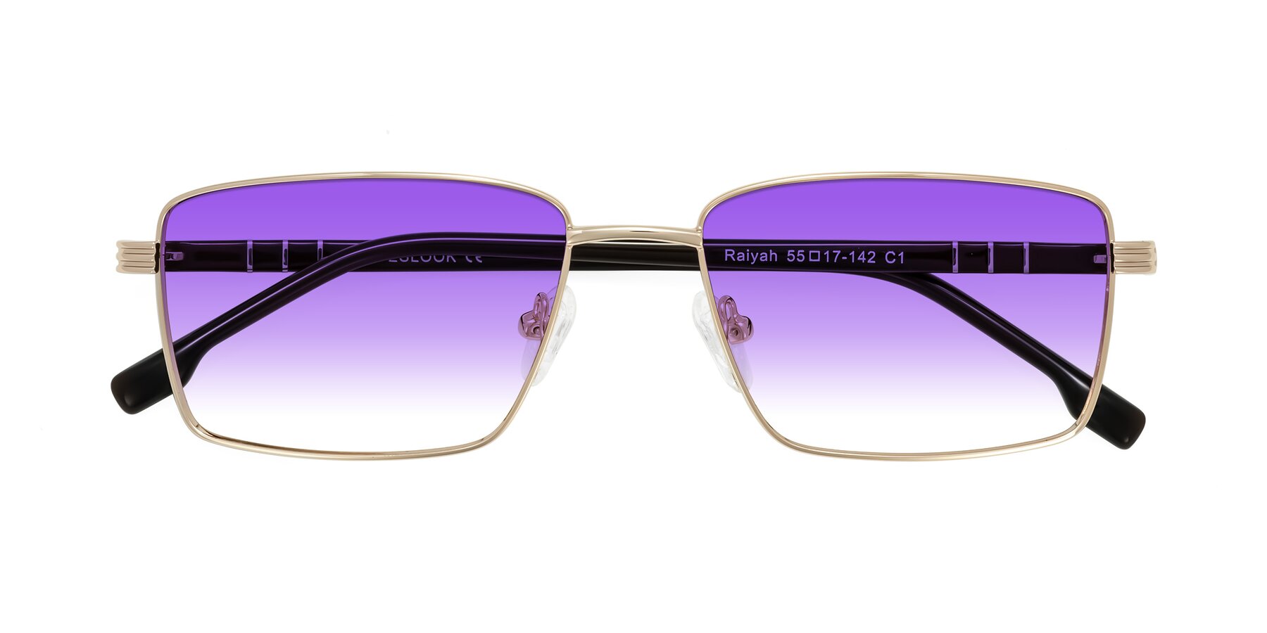 Folded Front of Raiyah in Gold/Dark Brown with Purple Gradient Lenses