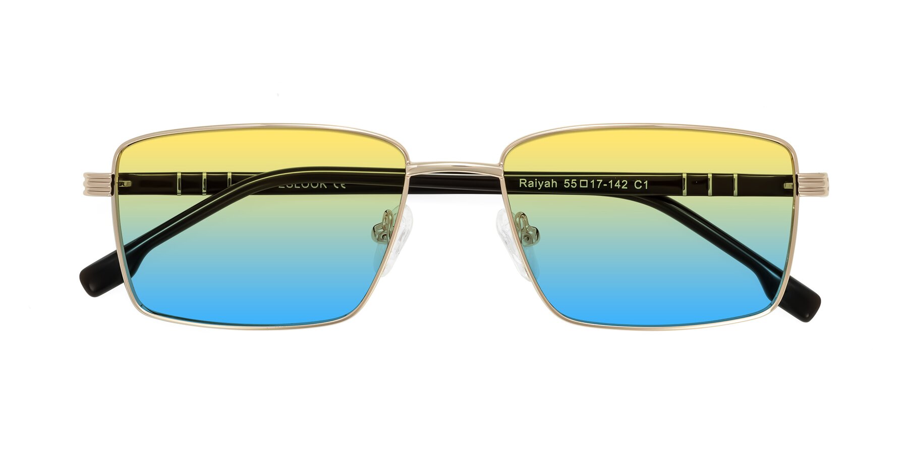 Folded Front of Raiyah in Gold/Dark Brown with Yellow / Blue Gradient Lenses