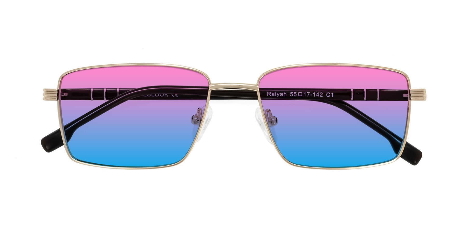Folded Front of Raiyah in Gold/Dark Brown with Pink / Blue Gradient Lenses