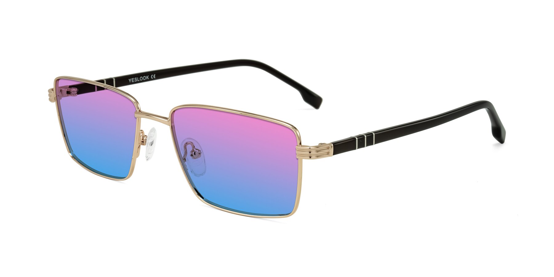 Angle of Raiyah in Gold/Dark Brown with Pink / Blue Gradient Lenses