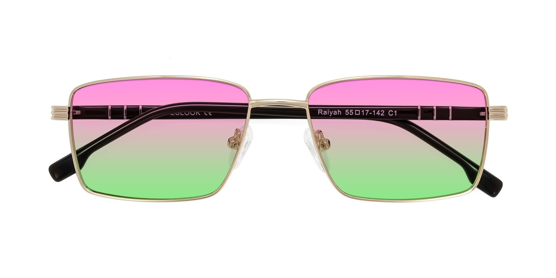 Folded Front of Raiyah in Gold/Dark Brown with Pink / Green Gradient Lenses