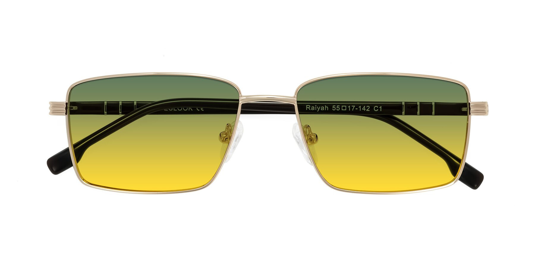 Folded Front of Raiyah in Gold/Dark Brown with Green / Yellow Gradient Lenses