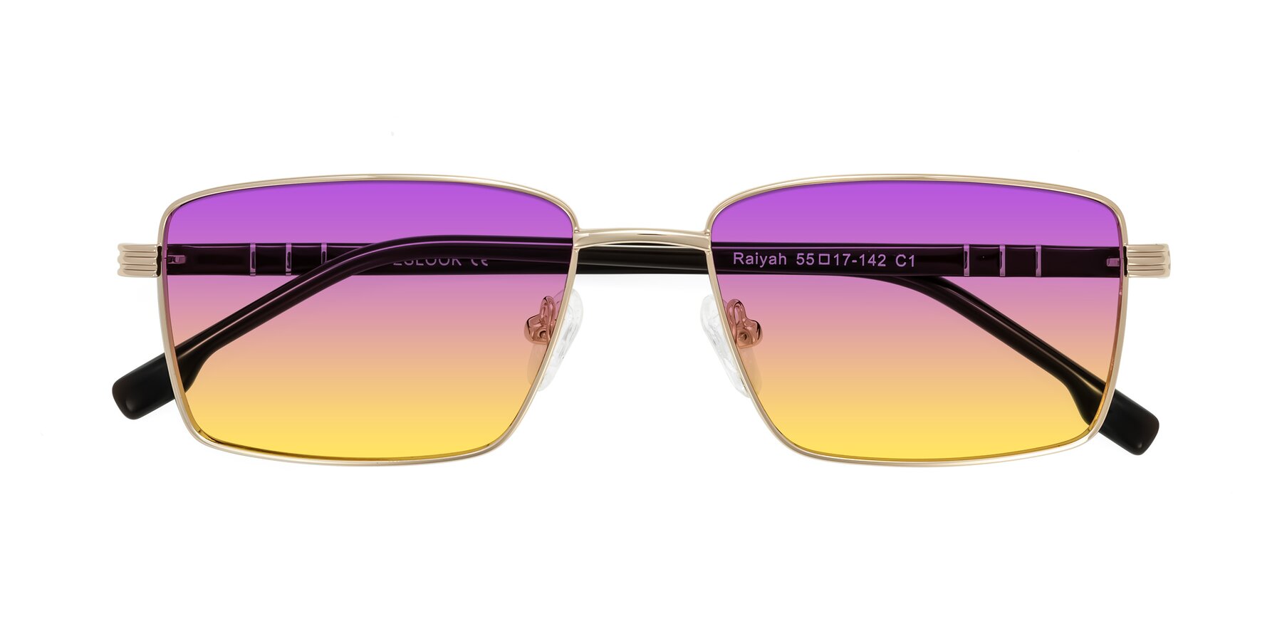Folded Front of Raiyah in Gold/Dark Brown with Purple / Yellow Gradient Lenses