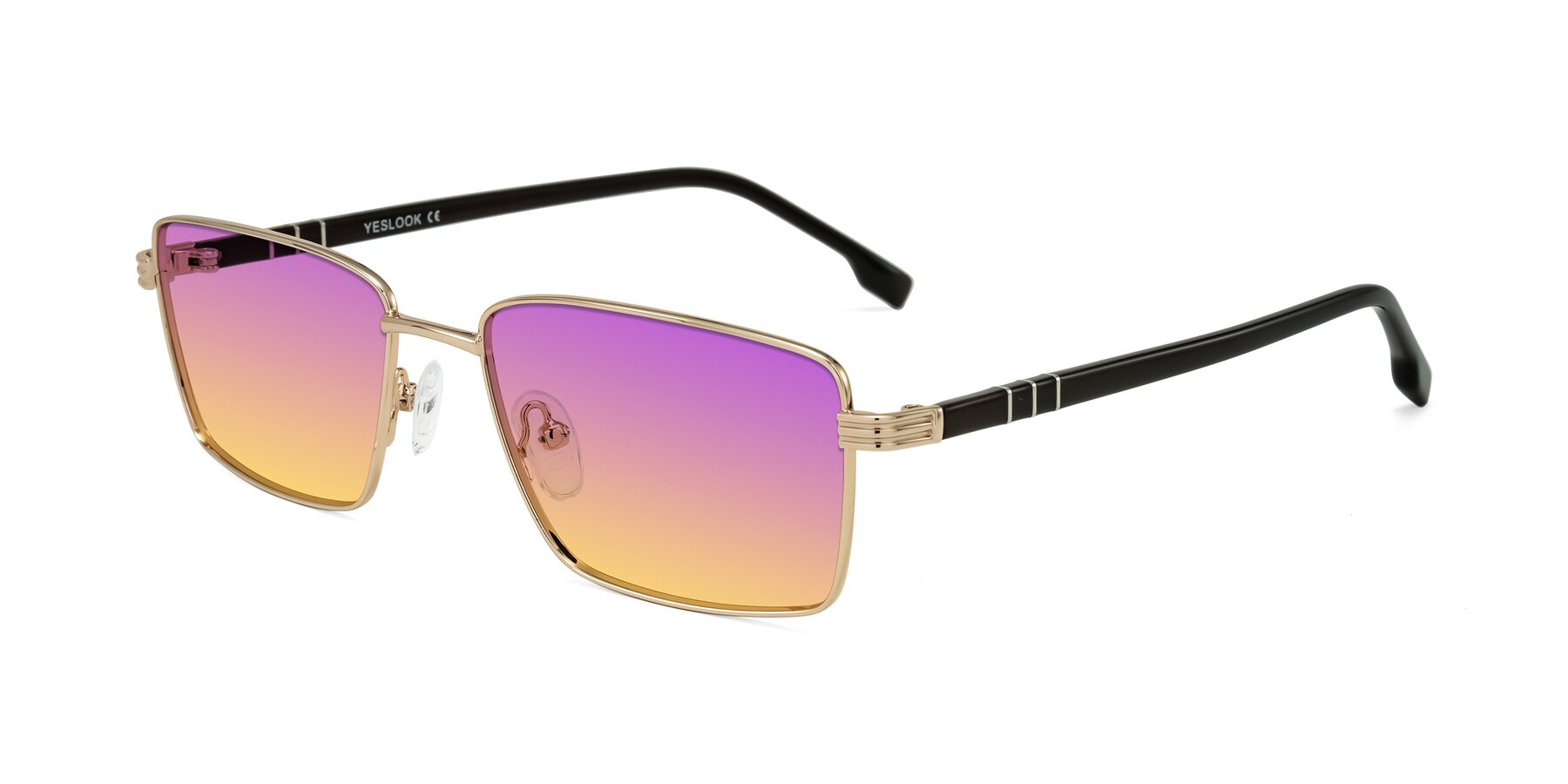 Angle of Raiyah in Gold/Dark Brown with Purple / Yellow Gradient Lenses