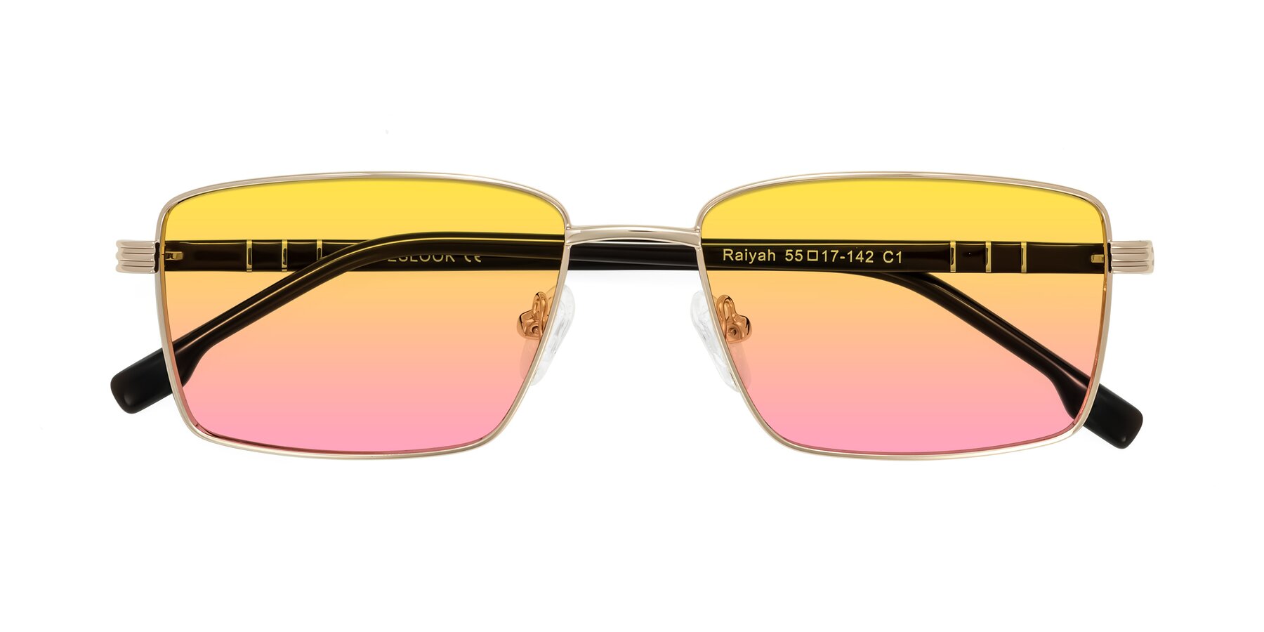 Folded Front of Raiyah in Gold/Dark Brown with Yellow / Pink Gradient Lenses