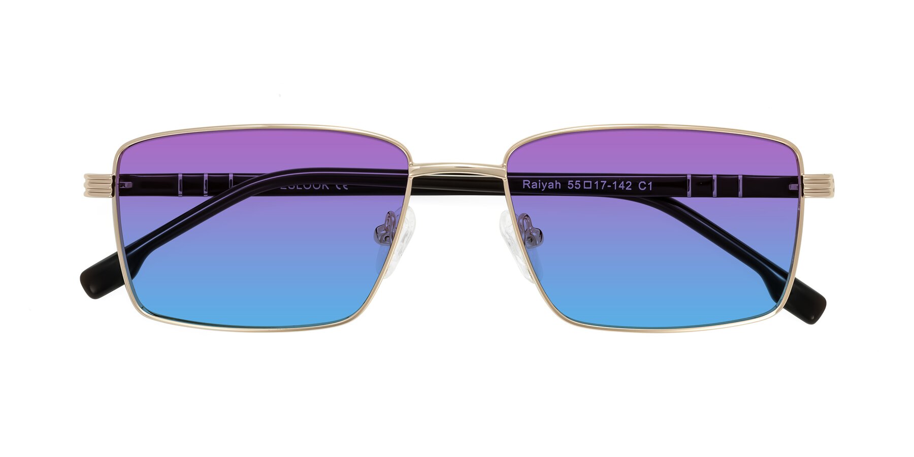Folded Front of Raiyah in Gold/Dark Brown with Purple / Blue Gradient Lenses