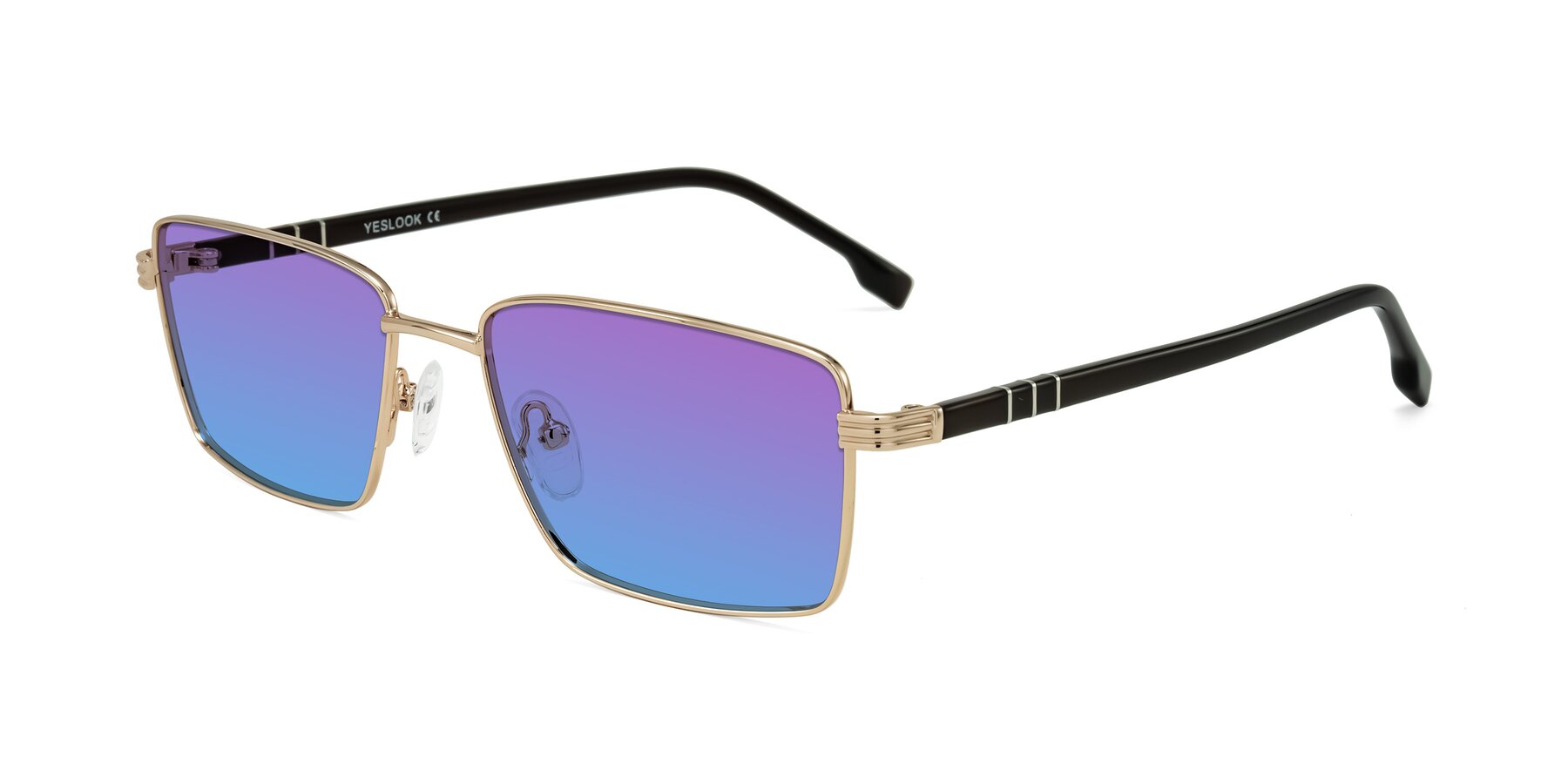 Angle of Raiyah in Gold/Dark Brown with Purple / Blue Gradient Lenses