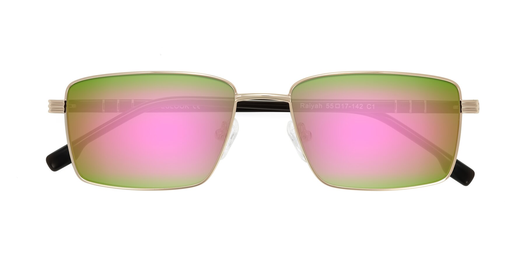 Folded Front of Raiyah in Gold/Dark Brown with Pink Mirrored Lenses