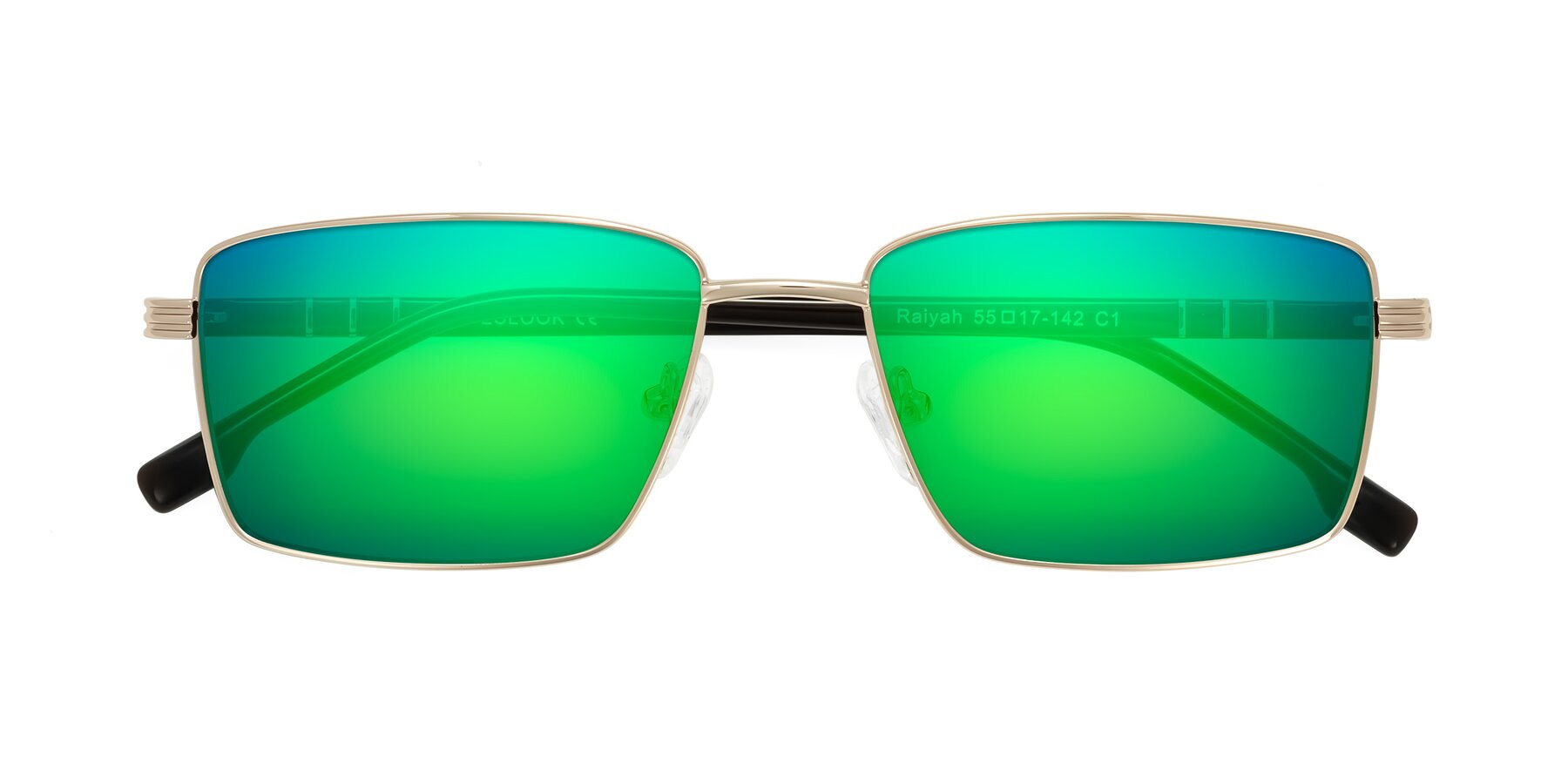 Folded Front of Raiyah in Gold/Dark Brown with Green Mirrored Lenses