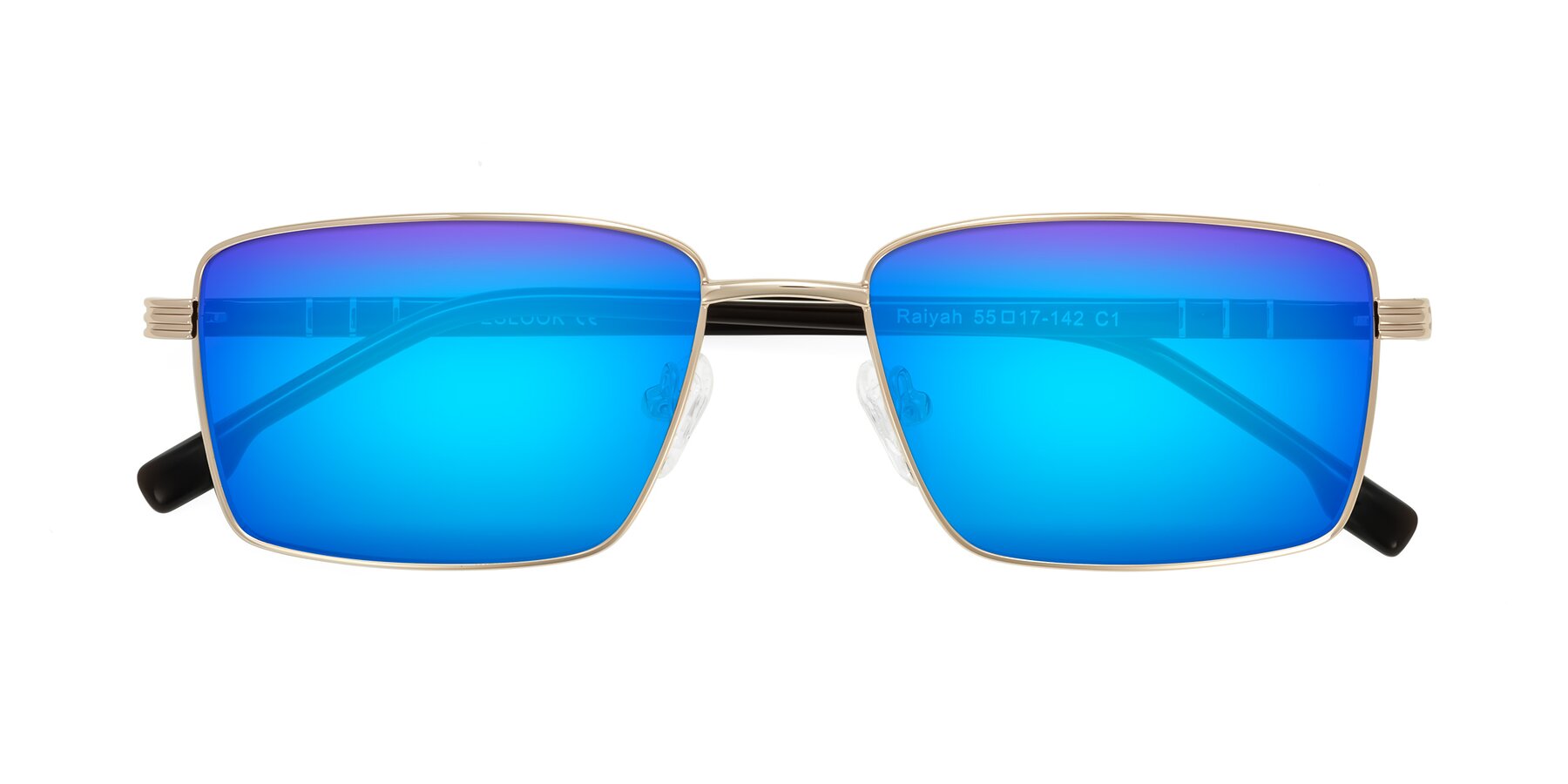 Folded Front of Raiyah in Gold/Dark Brown with Blue Mirrored Lenses