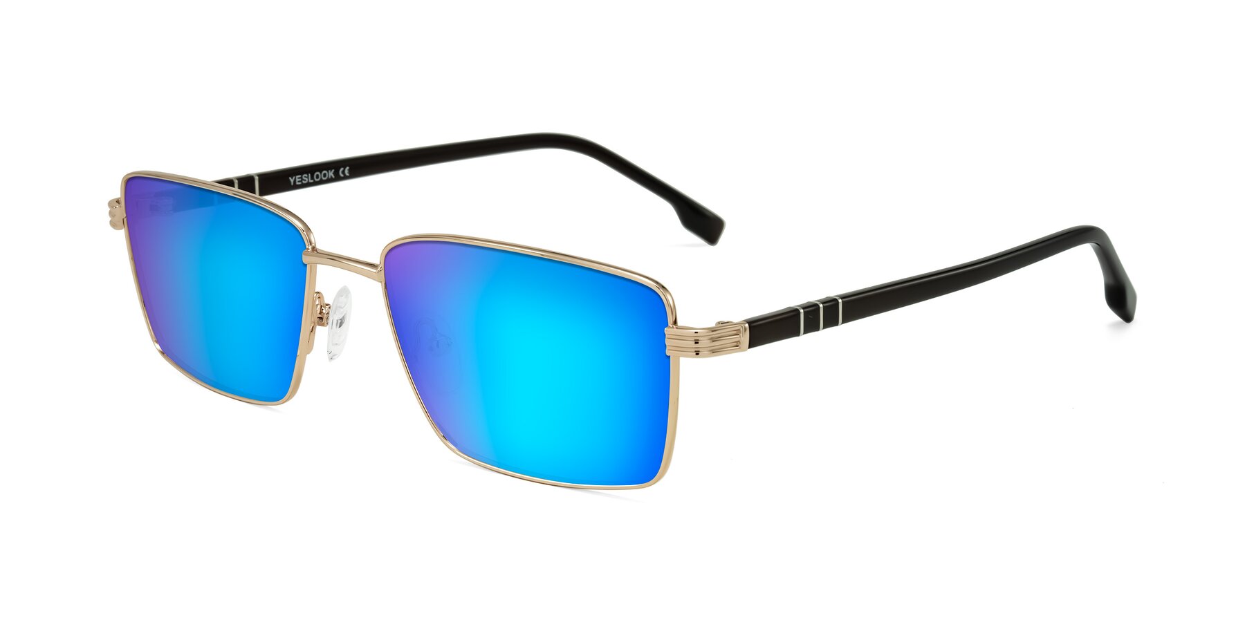 Angle of Raiyah in Gold/Dark Brown with Blue Mirrored Lenses