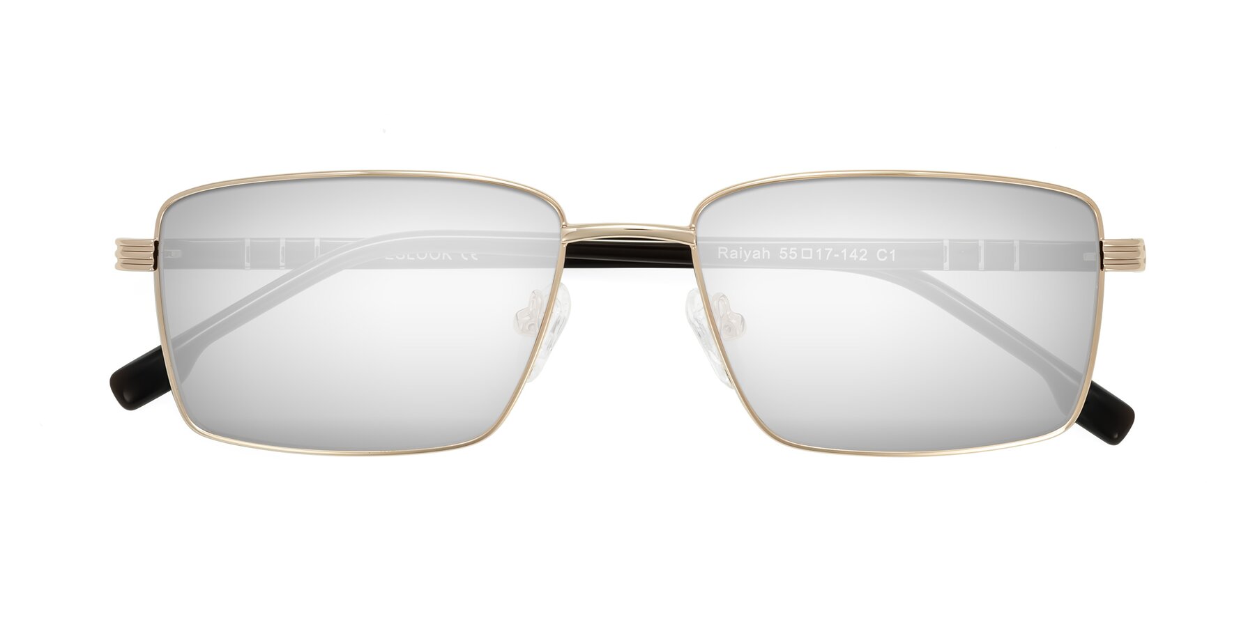 Folded Front of Raiyah in Gold/Dark Brown with Silver Mirrored Lenses