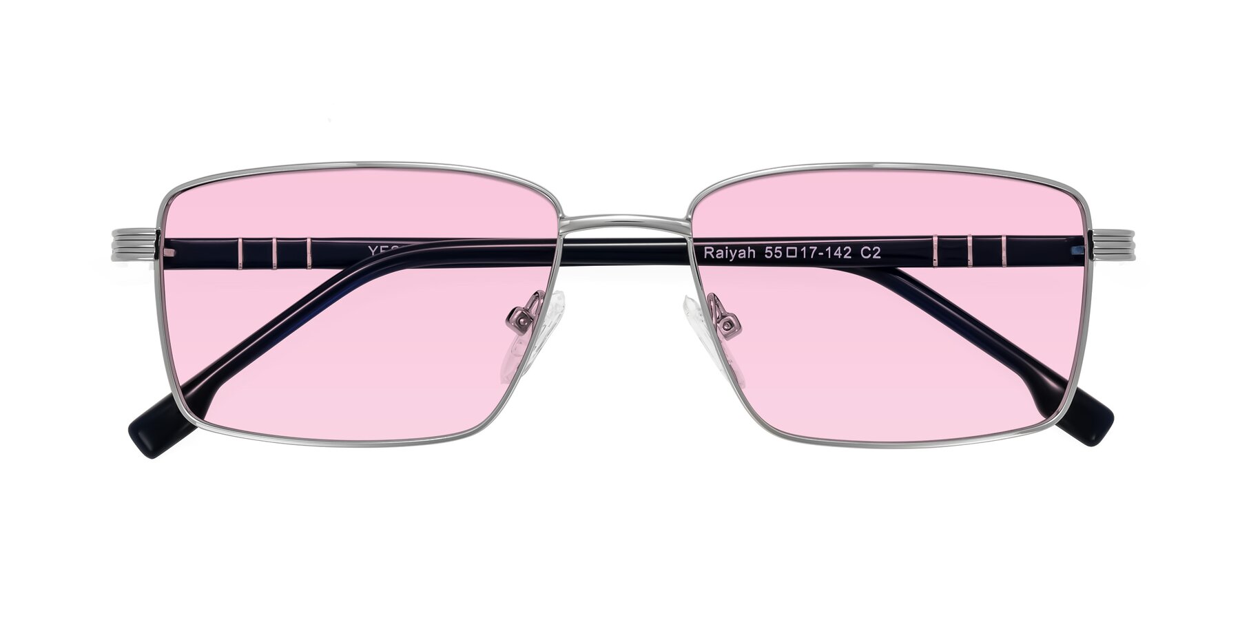 Folded Front of Raiyah in Silver/Dark Blue with Light Pink Tinted Lenses
