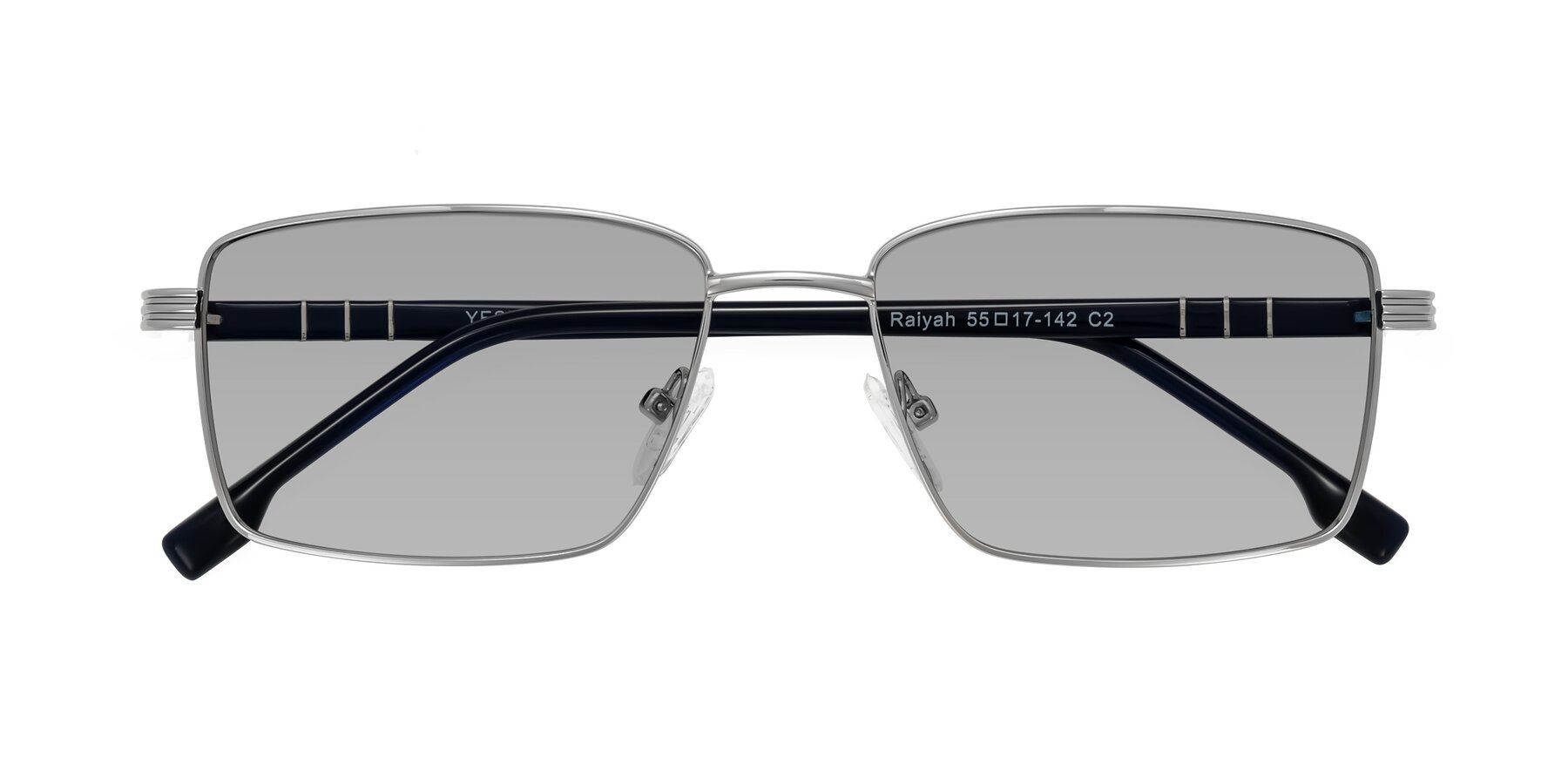 Folded Front of Raiyah in Silver/Dark Blue with Light Gray Tinted Lenses