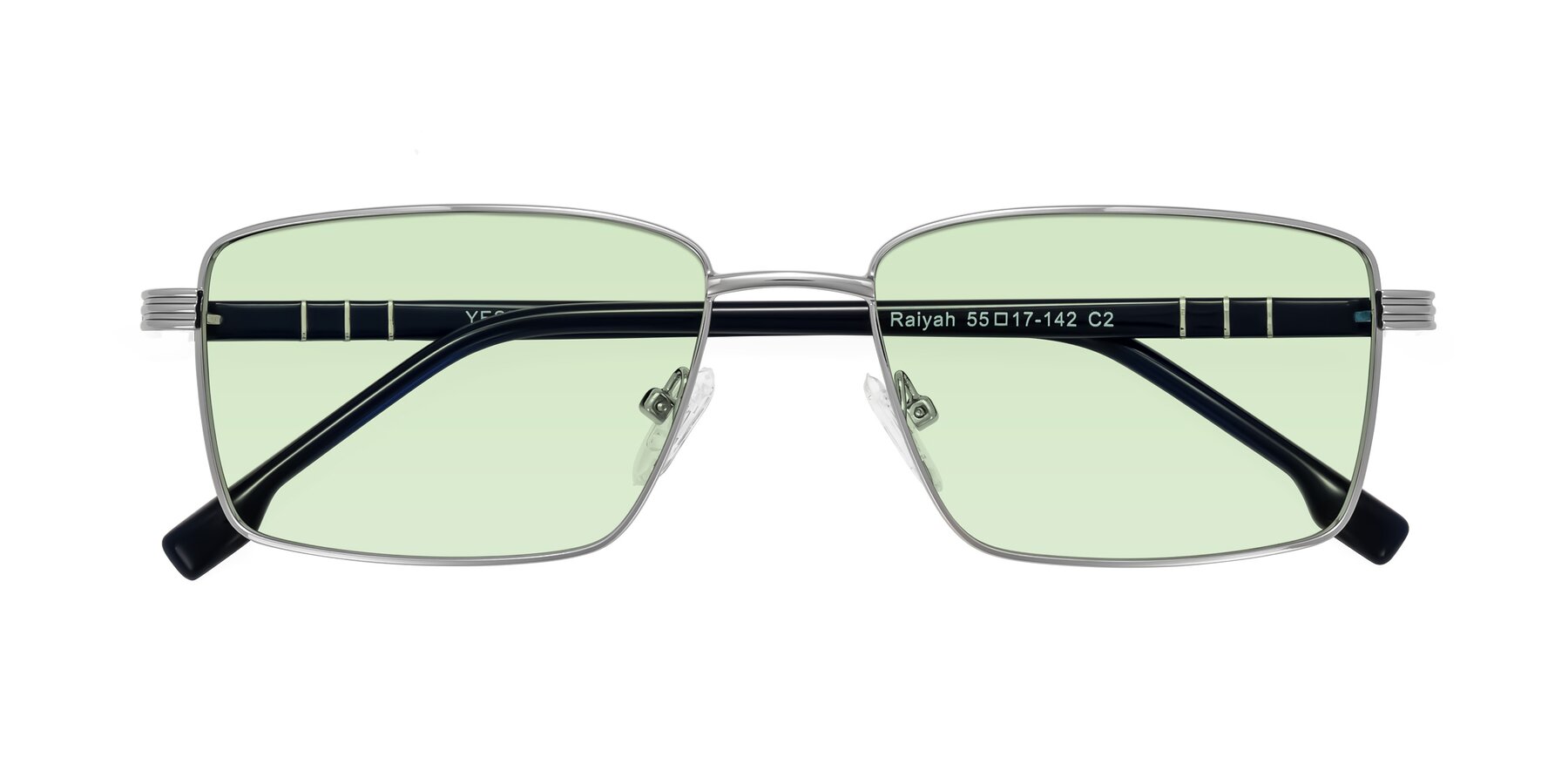 Folded Front of Raiyah in Silver/Dark Blue with Light Green Tinted Lenses