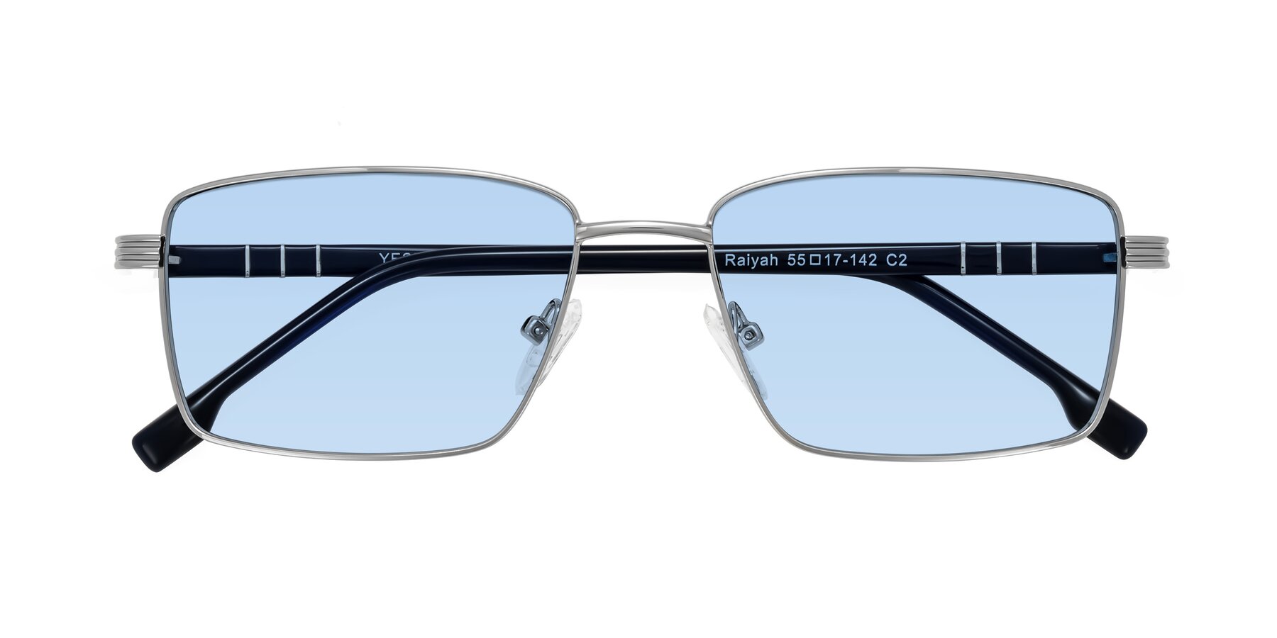 Folded Front of Raiyah in Silver/Dark Blue with Light Blue Tinted Lenses