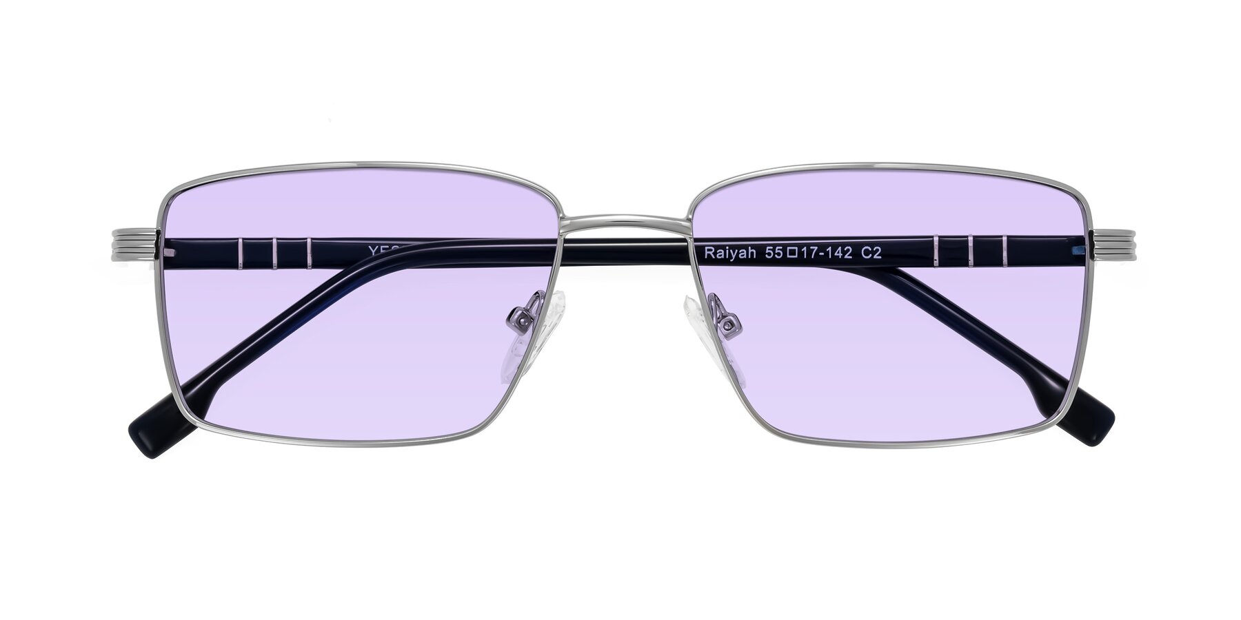 Folded Front of Raiyah in Silver/Dark Blue with Light Purple Tinted Lenses
