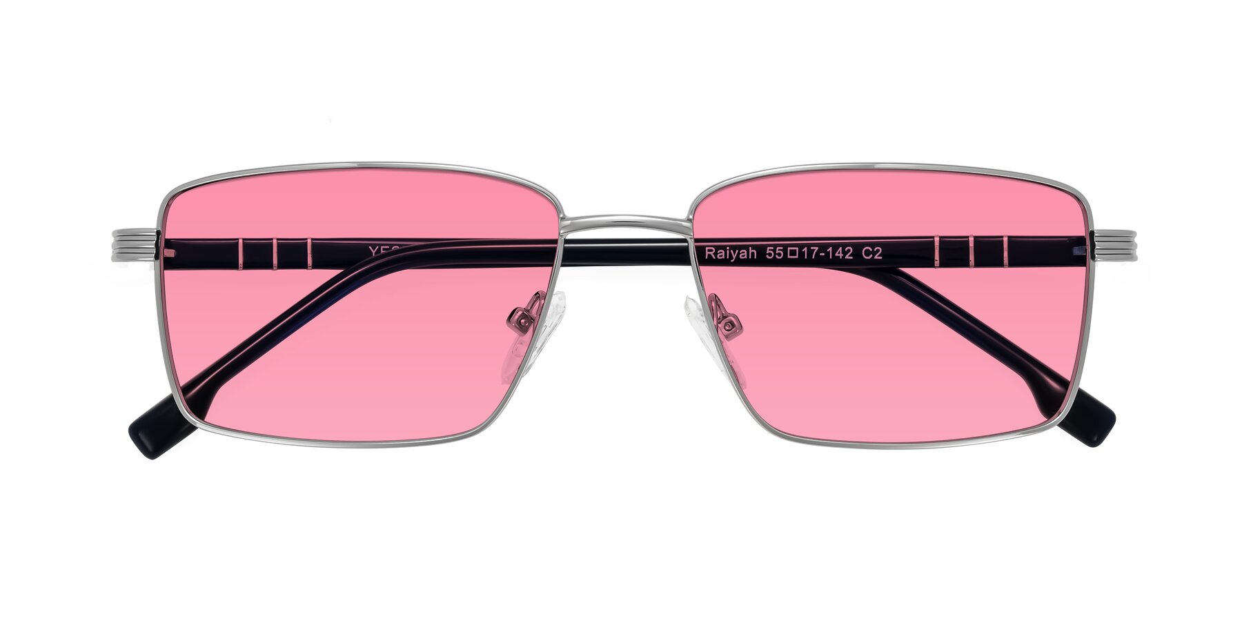 Folded Front of Raiyah in Silver/Dark Blue with Pink Tinted Lenses