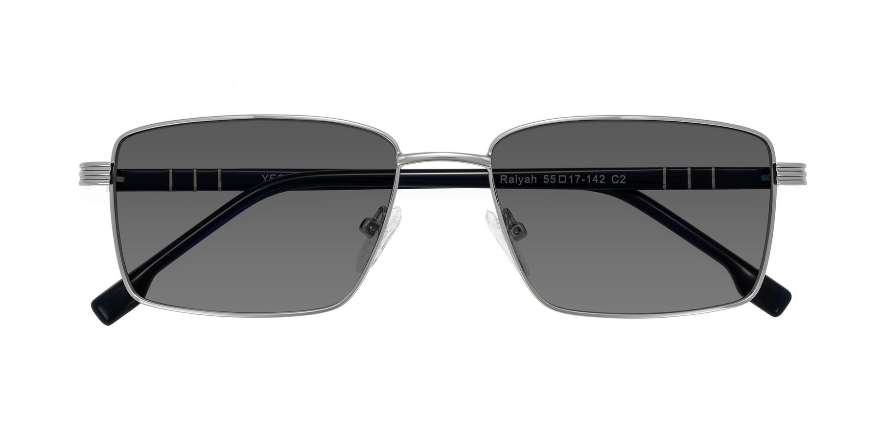 Folded Front of Raiyah in Silver/Dark Blue with Medium Gray Tinted Lenses