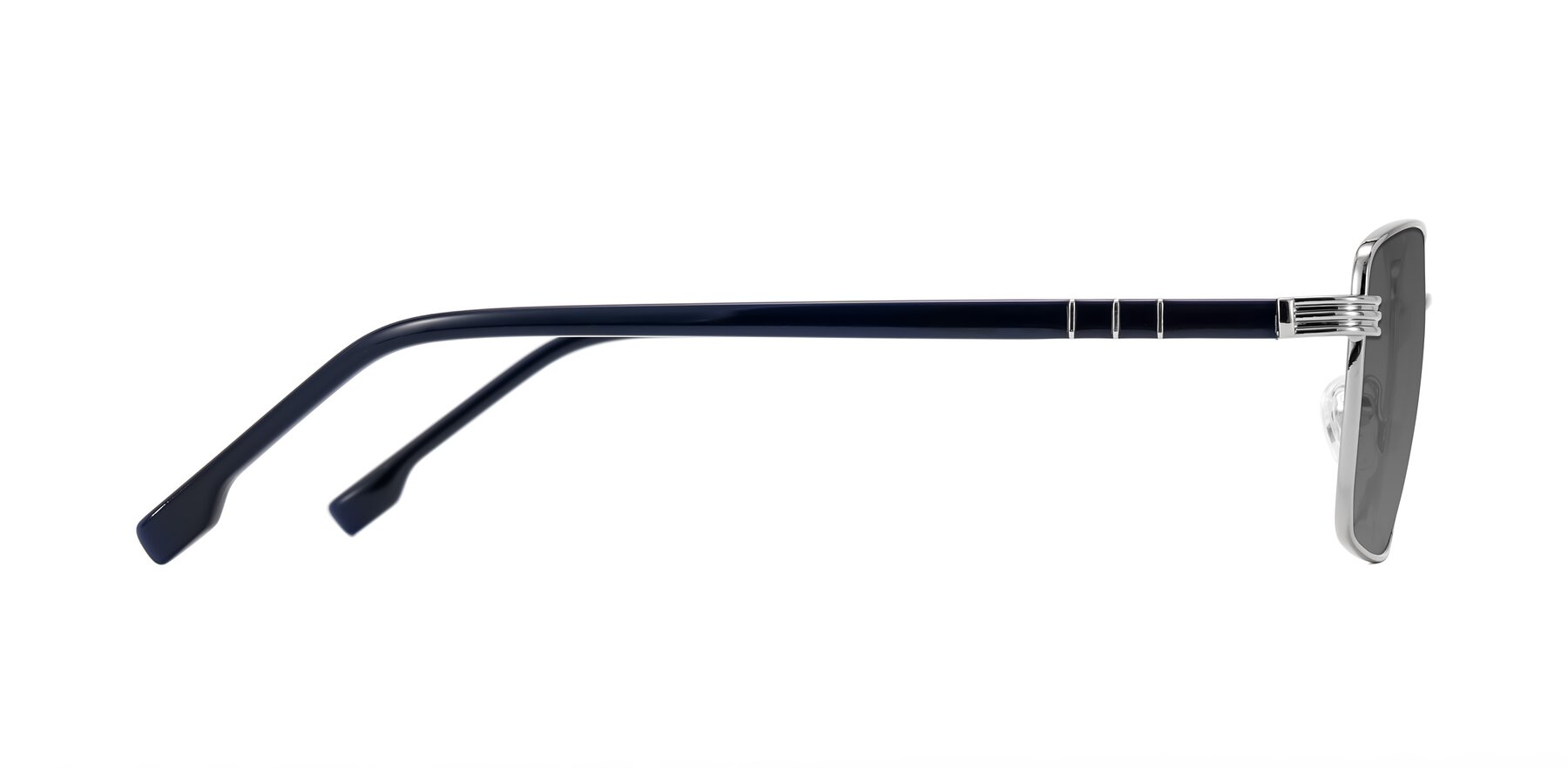 Side of Raiyah in Silver/Dark Blue with Medium Gray Tinted Lenses