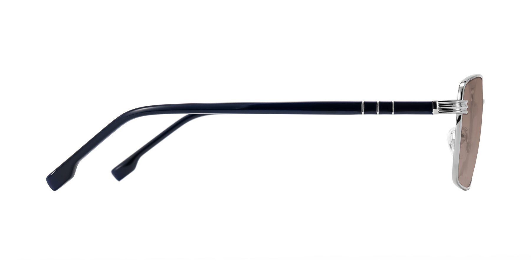 Side of Raiyah in Silver/Dark Blue with Medium Brown Tinted Lenses