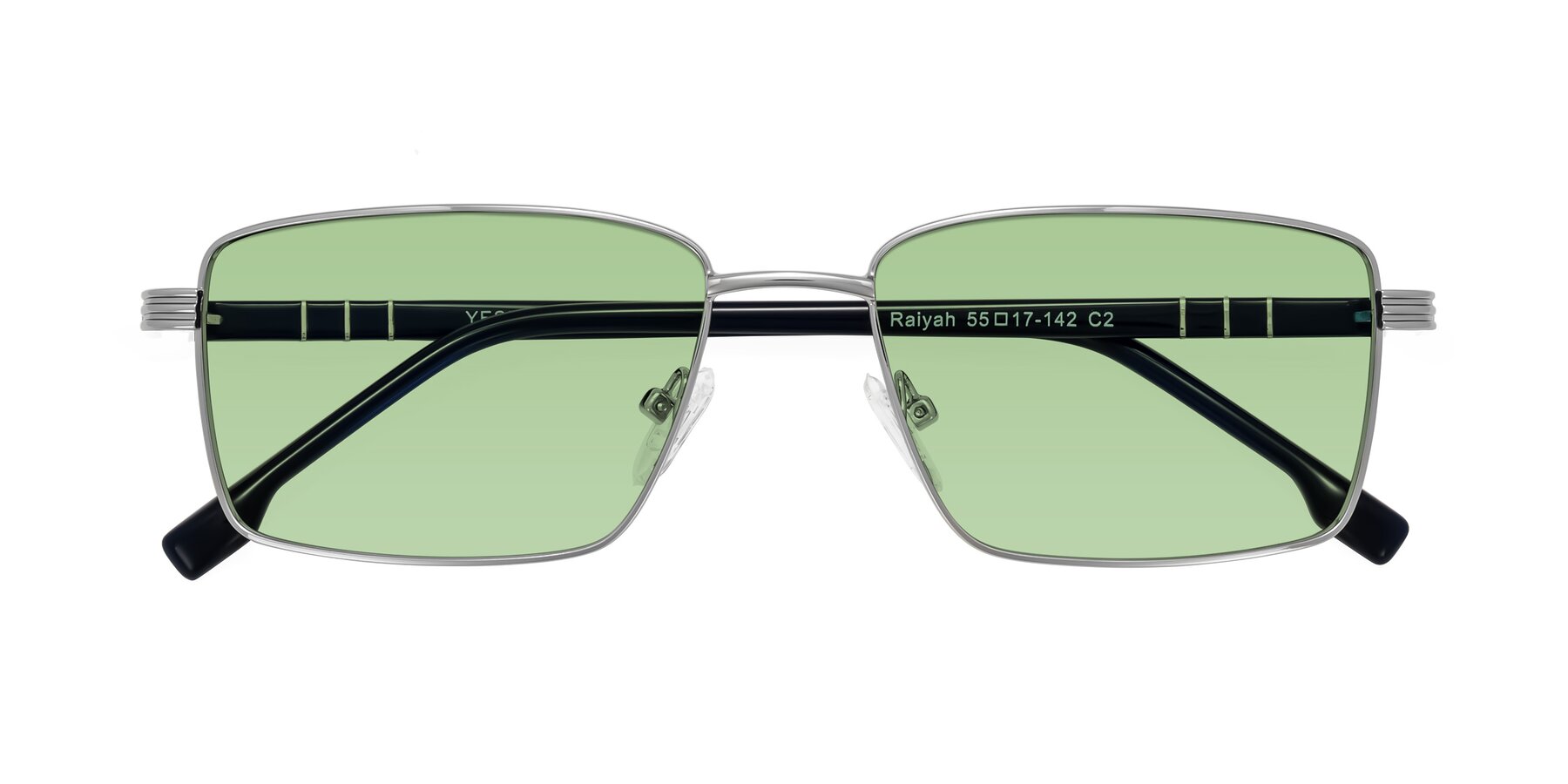 Folded Front of Raiyah in Silver/Dark Blue with Medium Green Tinted Lenses